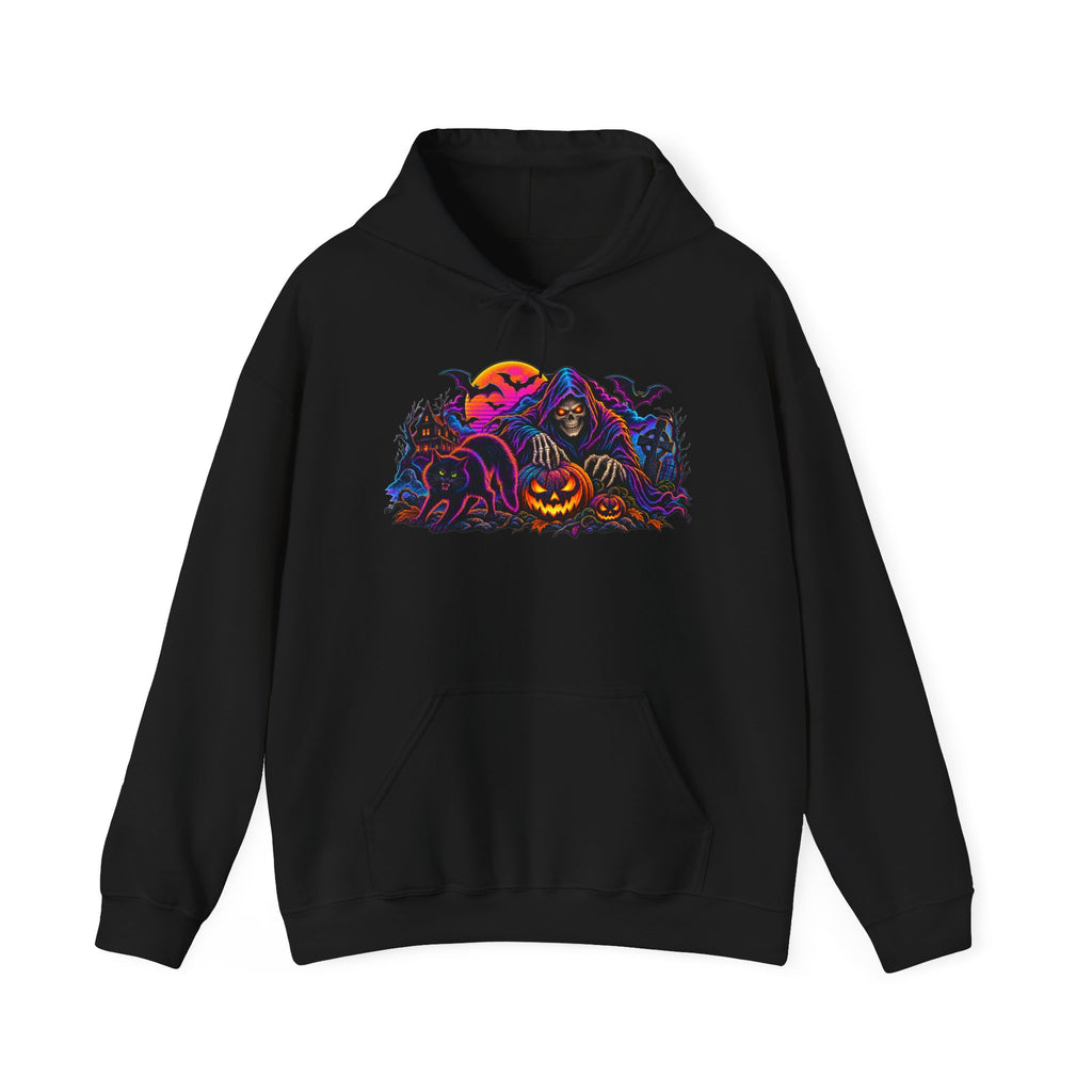 Halloween Horror Hoodie - Neon Jack-O'-Lantern & Ghosts Graphic Sweatshirt