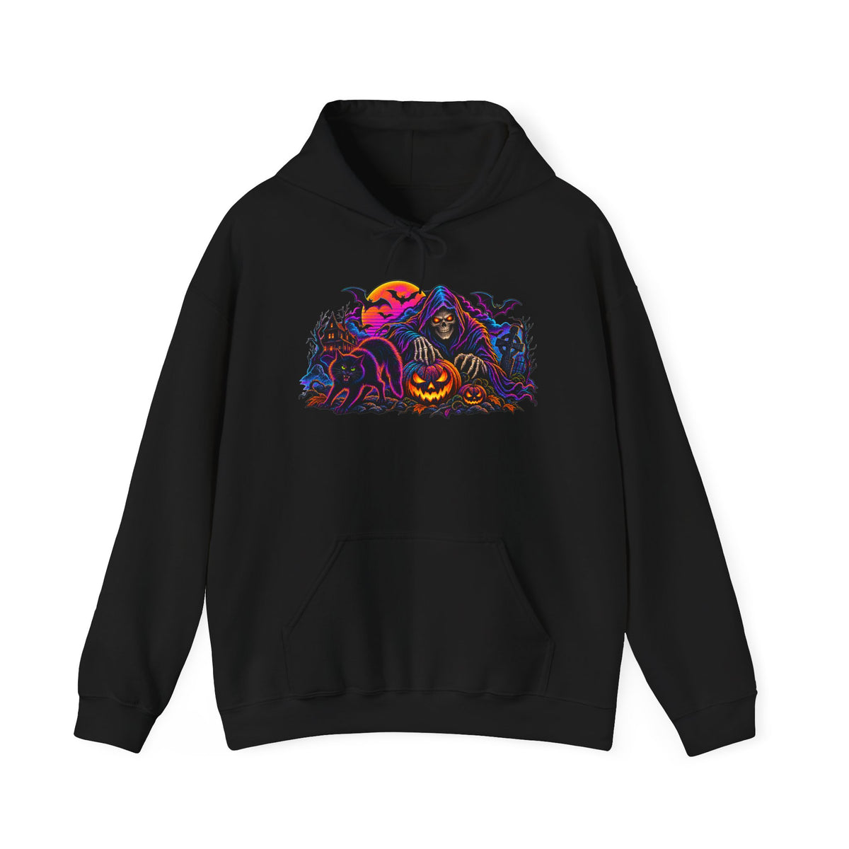 Halloween Horror Hoodie - Neon Jack-O'-Lantern & Ghosts Graphic Sweatshirt