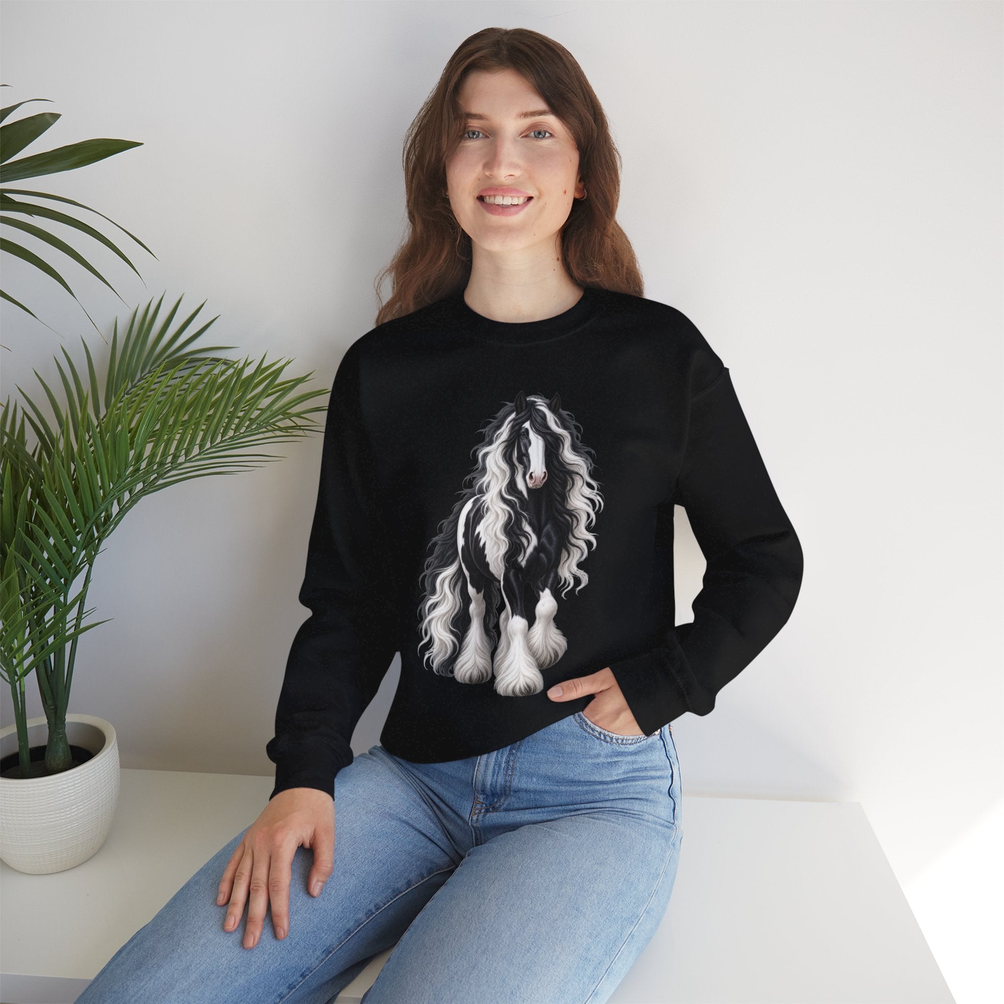 Gypsy Vanner Horse Crewneck Sweatshirt — Black & White Fluffy Pony Graphic