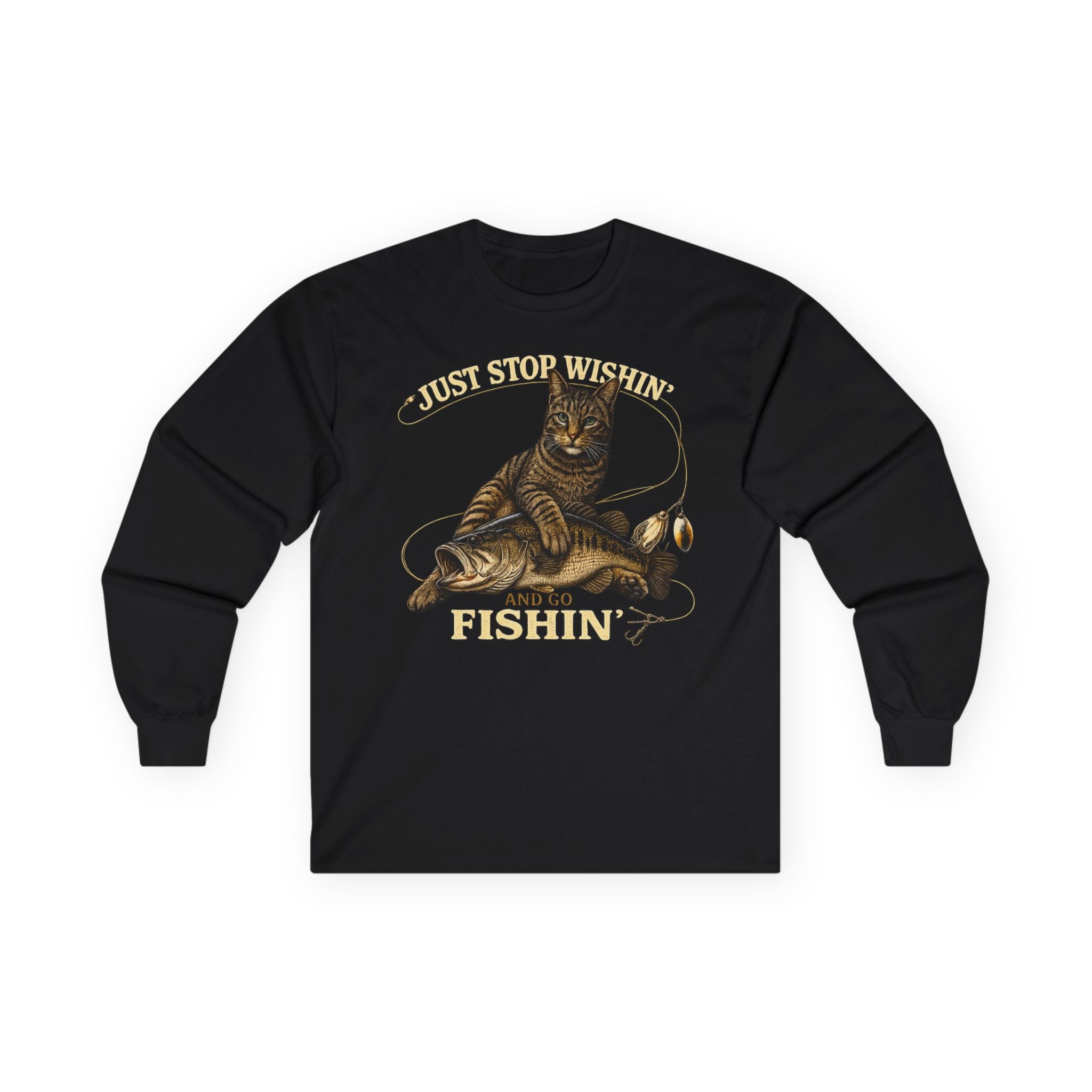 Just Stop Wishin' Fishin' Long Sleeve Tee — Vintage Cat Fishing Graphic