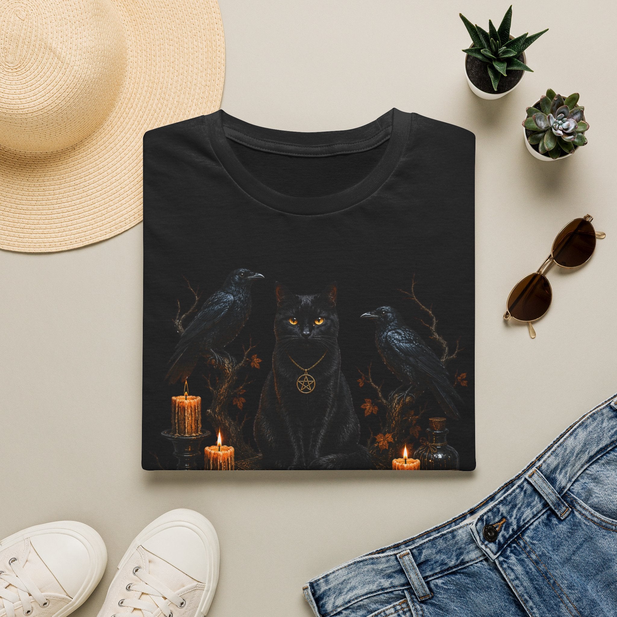 Occult Black Cat T-Shirt — Witchy Candle & Raven Spell Design
