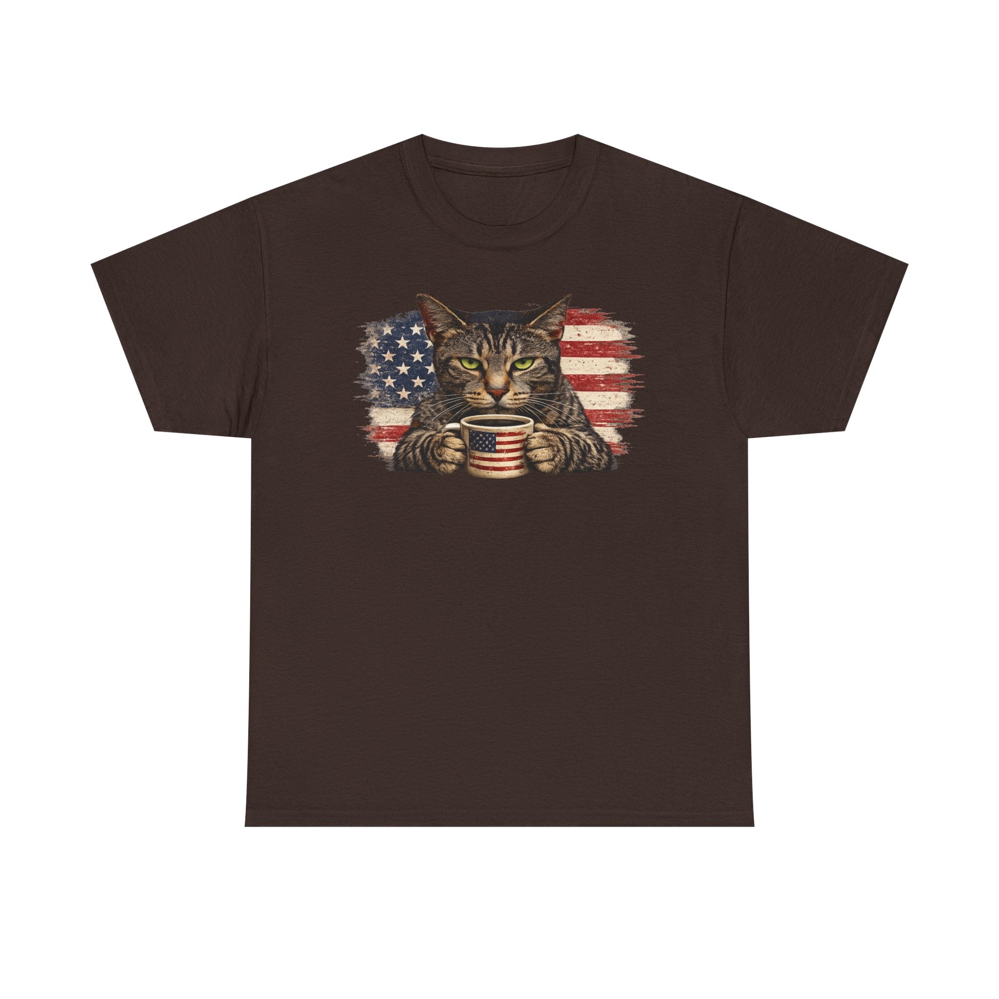 American Flag Cat T‑Shirt — Patriotic Kitten with Coffee Cup