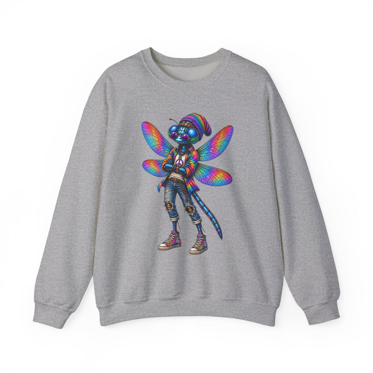 Neon Dragonfly Crewneck Sweatshirt — Rainbow Cyberpunk Kitty Graphic