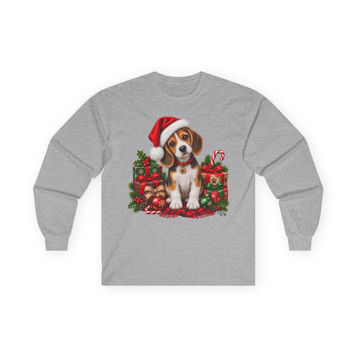 Christmas Puppy Long Sleeve Tee — Cute Beagle in Santa Hat Holiday Shirt