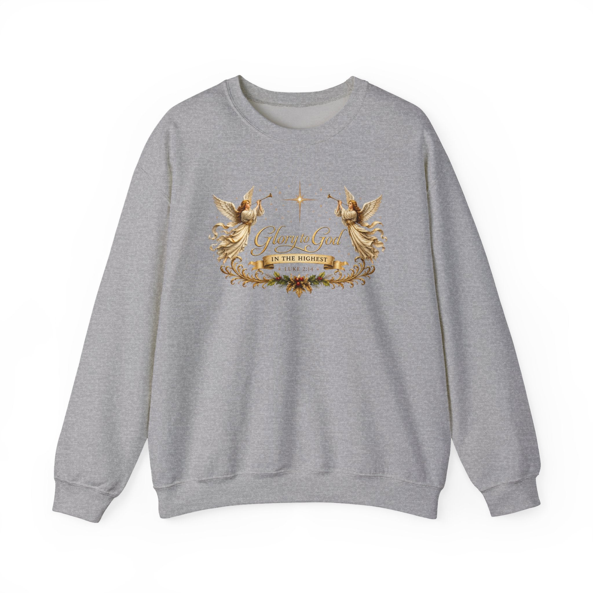 Glory to God Crewneck Sweatshirt — Angel Wings & Star Christian Holiday Pullover