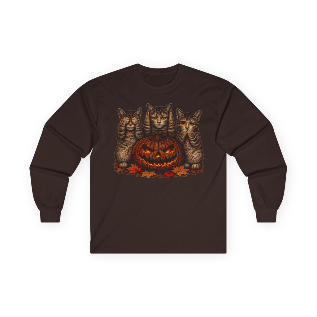 Anthropomorphic Trio Of  Cats Long Sleeve Tee — Three Kittens with Jack-O'-Lantern Graphic