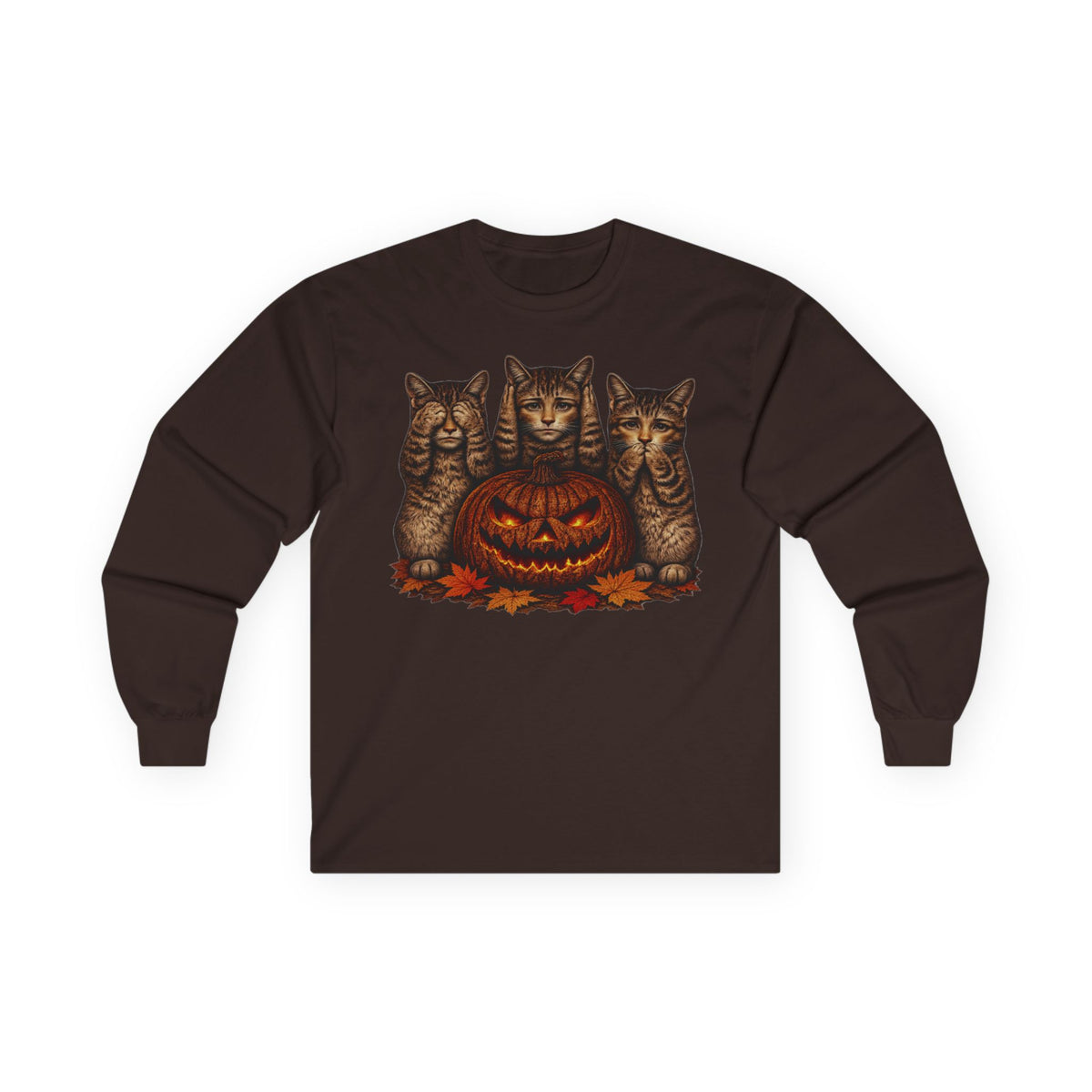 Anthropomorphic Trio Of  Cats Long Sleeve Tee — Three Kittens with Jack-O'-Lantern Graphic
