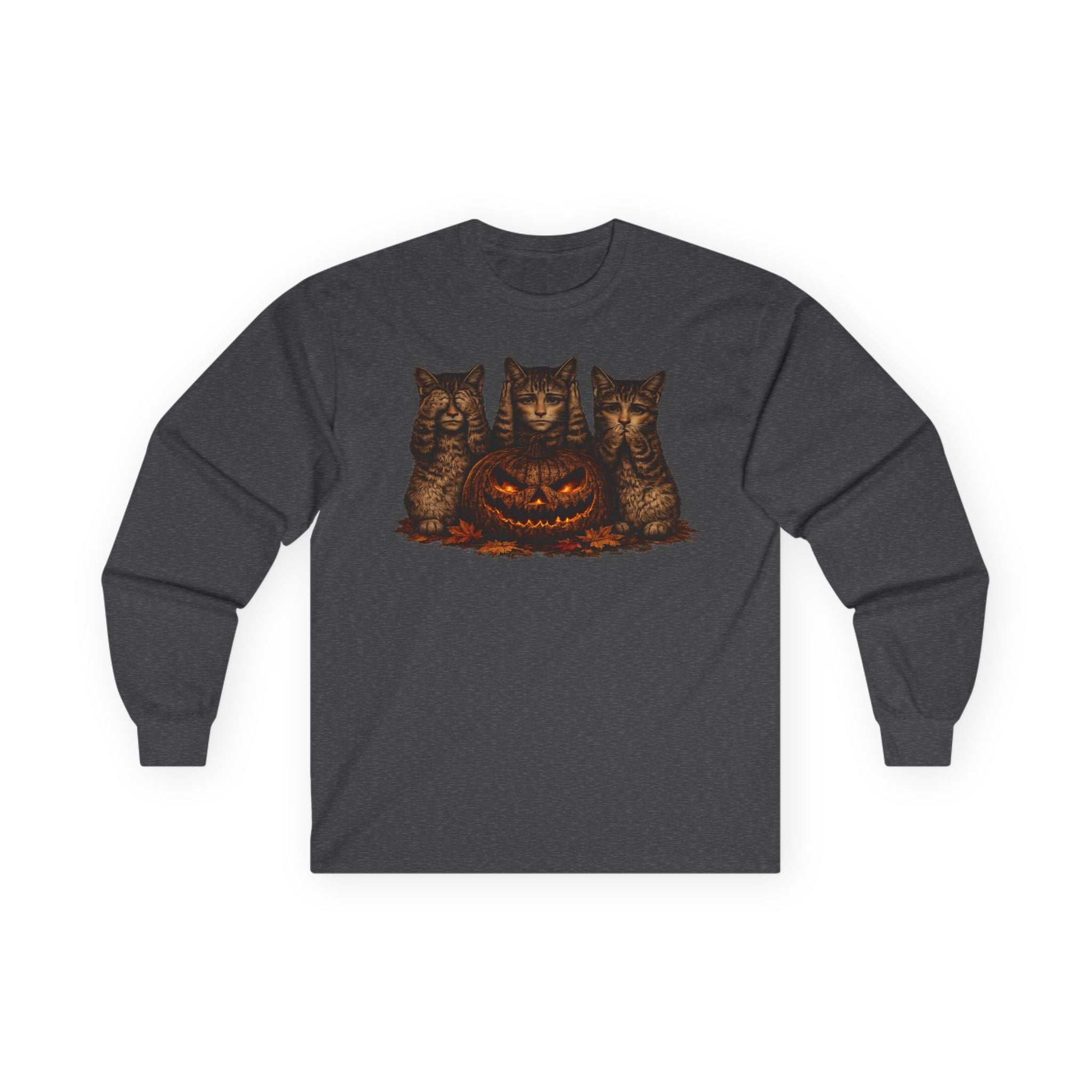 Anthropomorphic Trio Of  Cats Long Sleeve Tee — Three Kittens with Jack-O'-Lantern Graphic