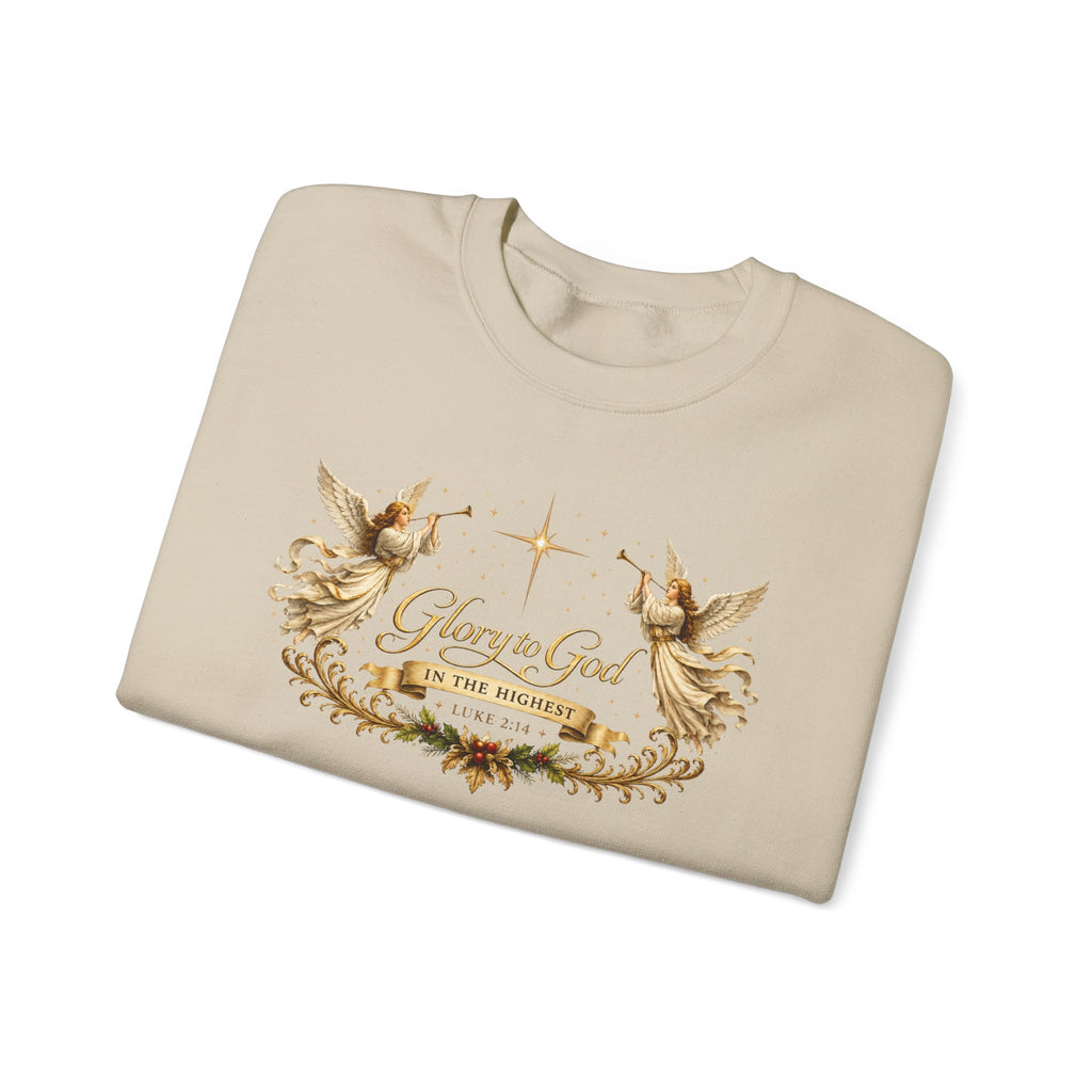 Glory to God Crewneck Sweatshirt — Angel Wings & Star Christian Holiday Pullover