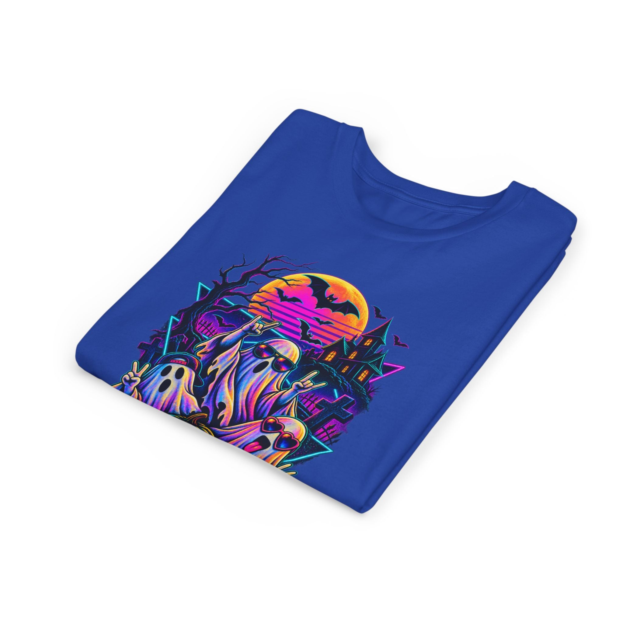 Youth Halloween Ghosts T‑Shirt — Neon Retro Pumpkin Tee