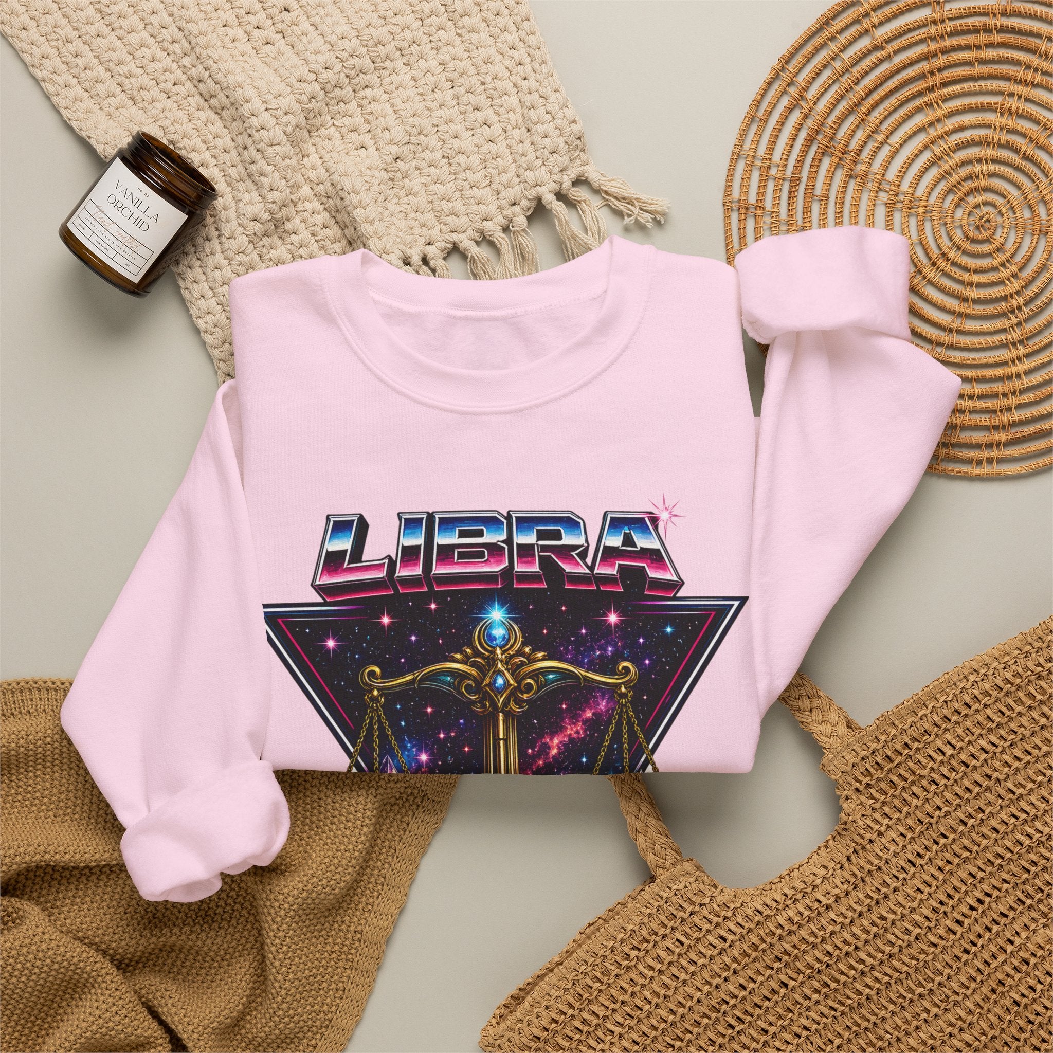 Libra Zodiac Crewneck Sweatshirt — Retro Cosmic Scales Astrology Graphic