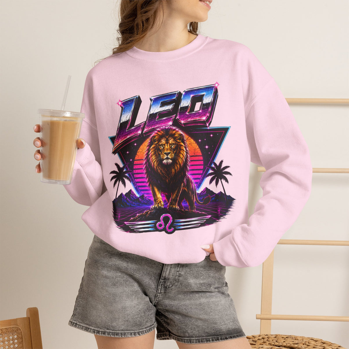 Leo Zodiac Crewneck Sweatshirt — Retro Neon Lion Astrology Design