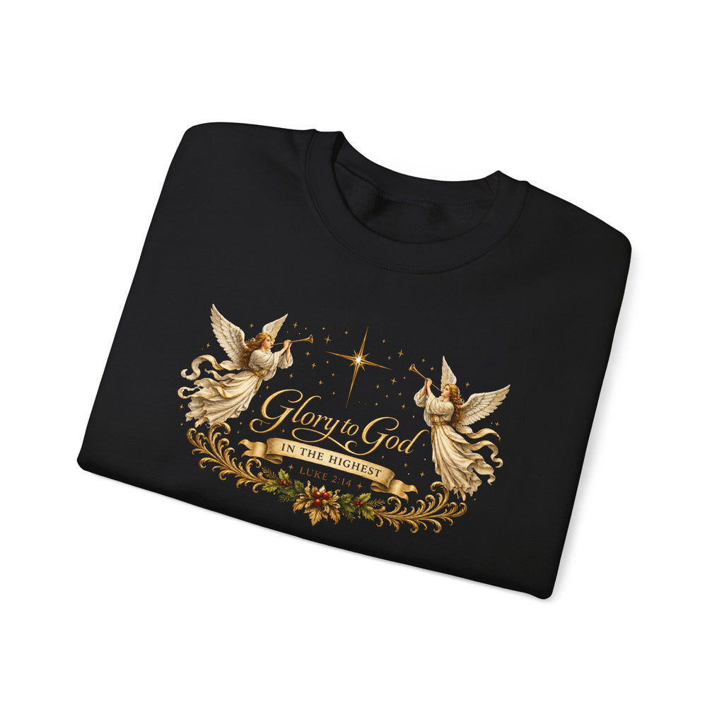 Glory to God Crewneck Sweatshirt — Angel Wings & Star Christian Holiday Pullover