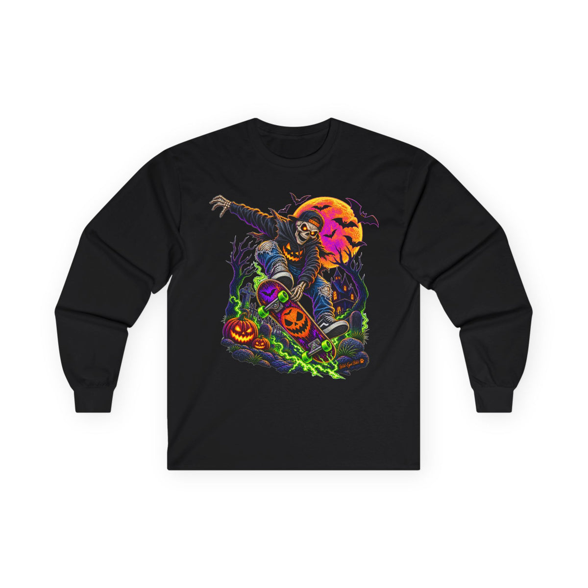 Halloween Skeleton Skateboarder Graphic Long Sleeve Tee