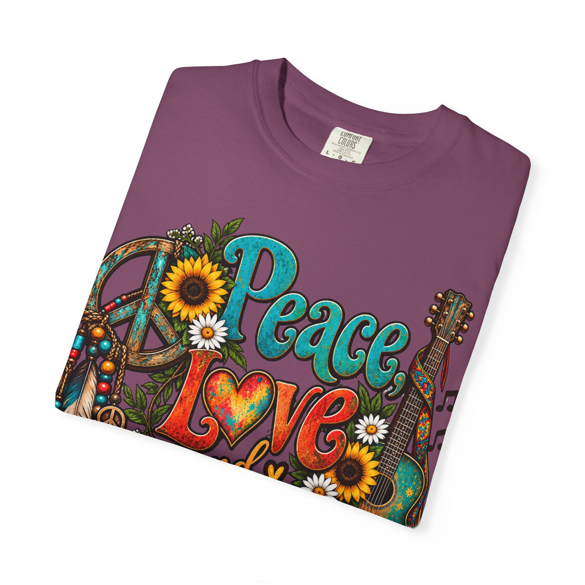 Peace, Love & Music Graphic T-Shirt — Retro Hippie Guitar Sunflower Tee