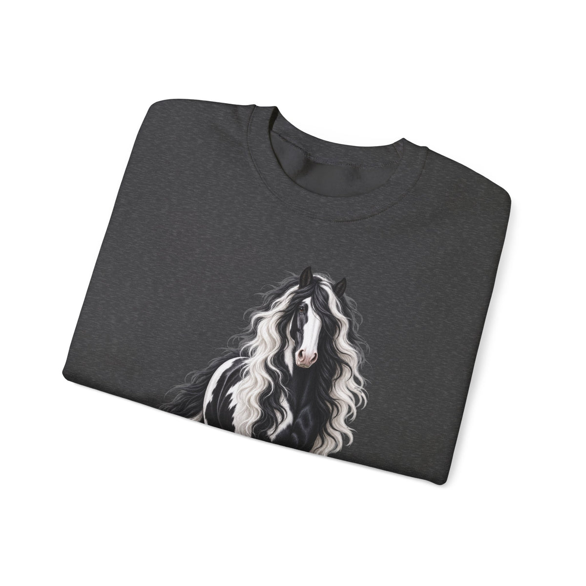 Gypsy Vanner Horse Crewneck Sweatshirt — Black & White Fluffy Pony Graphic