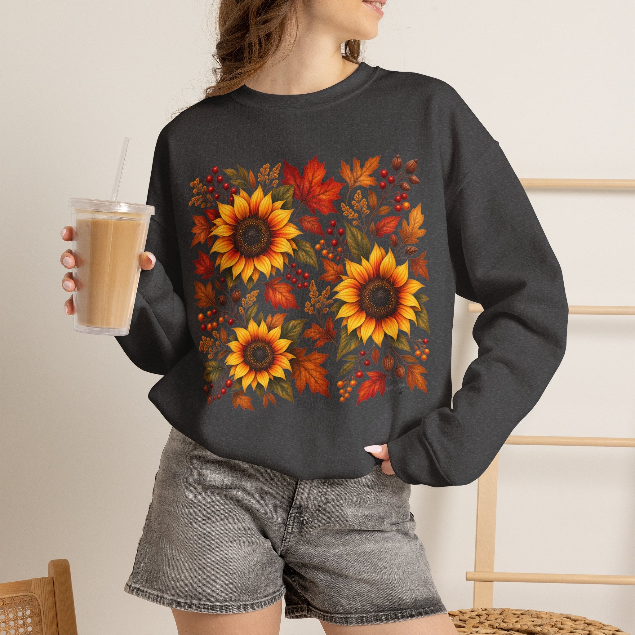 Sunflower Fall Sweatshirt - Autumn Leaves Crewneck for Women & Men