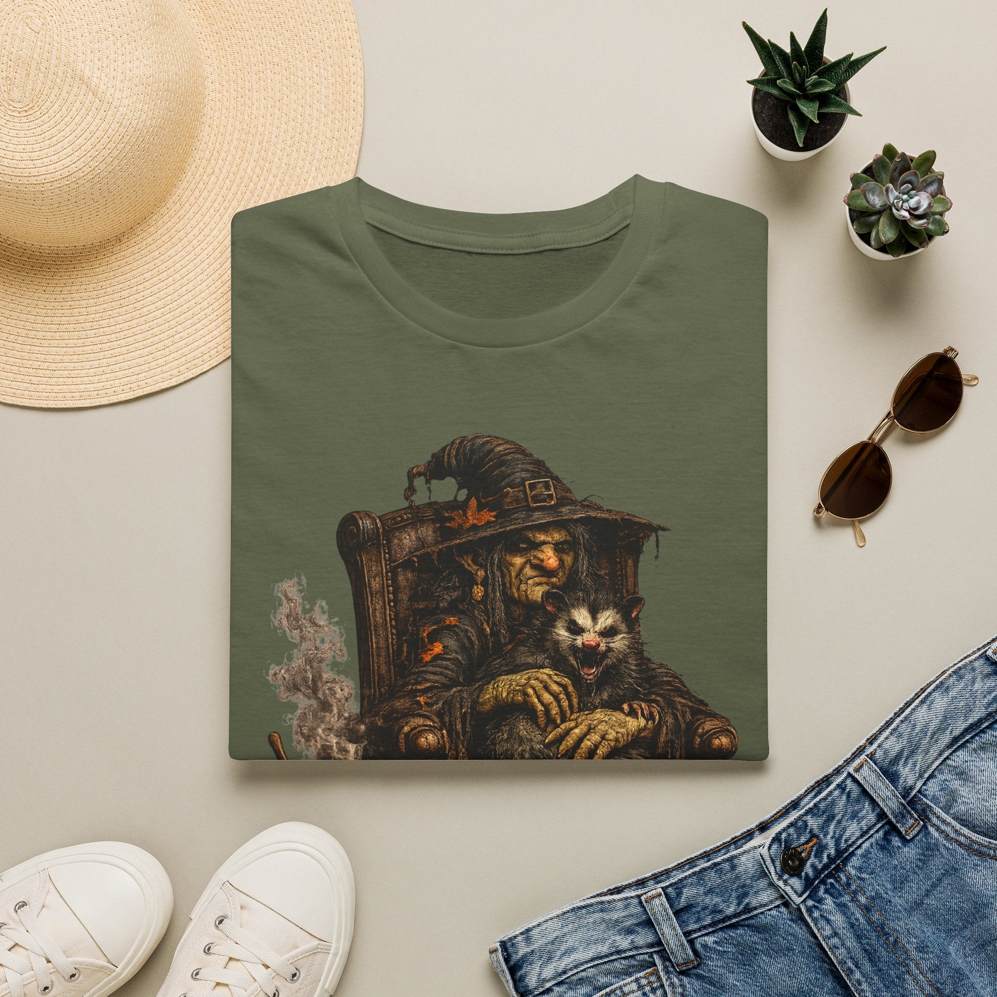 Witch and Possum Graphic T‑Shirt — Cozy Spooky Halloween Tee