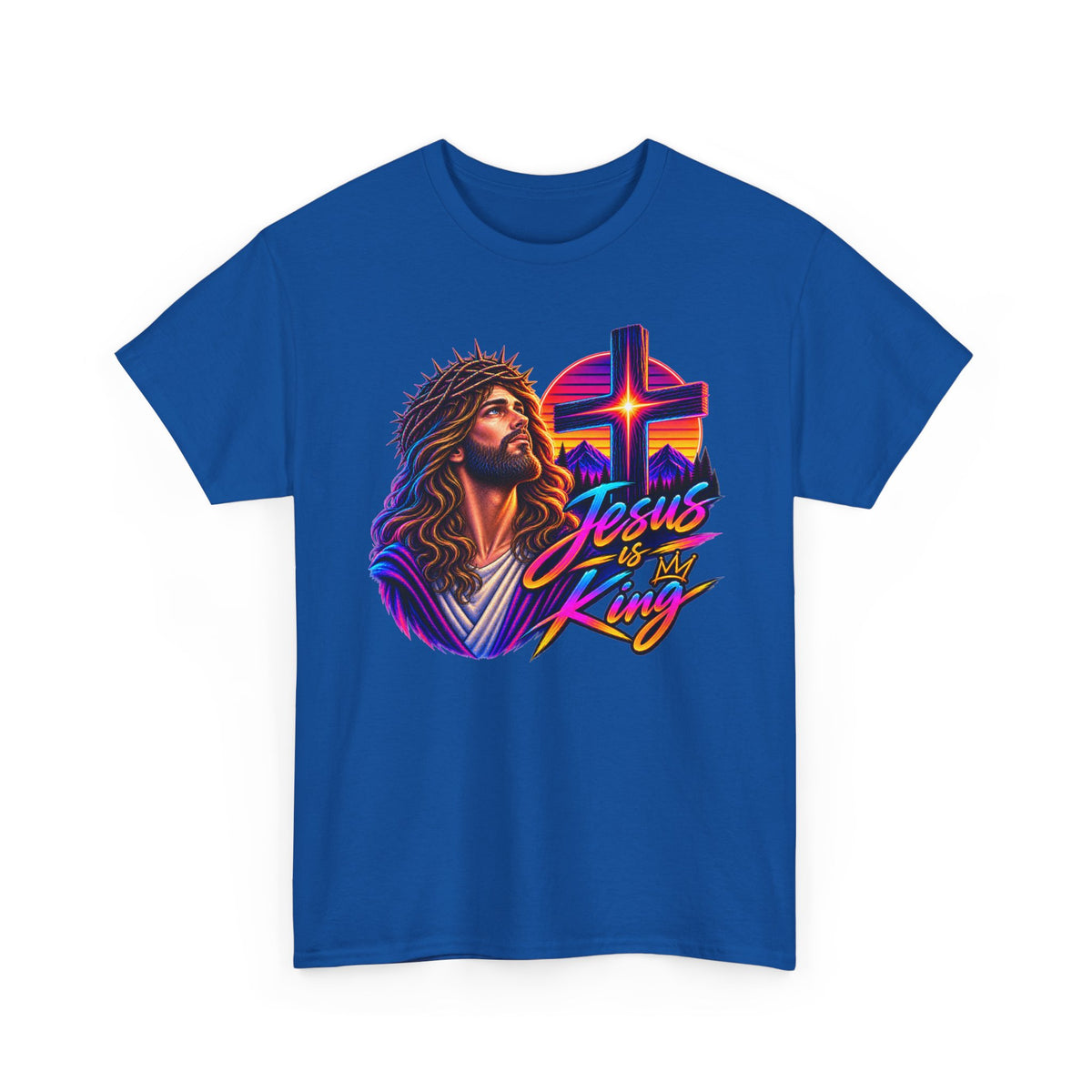 Jesus Is King T-Shirt — Neon Portrait Cross Christian Tee