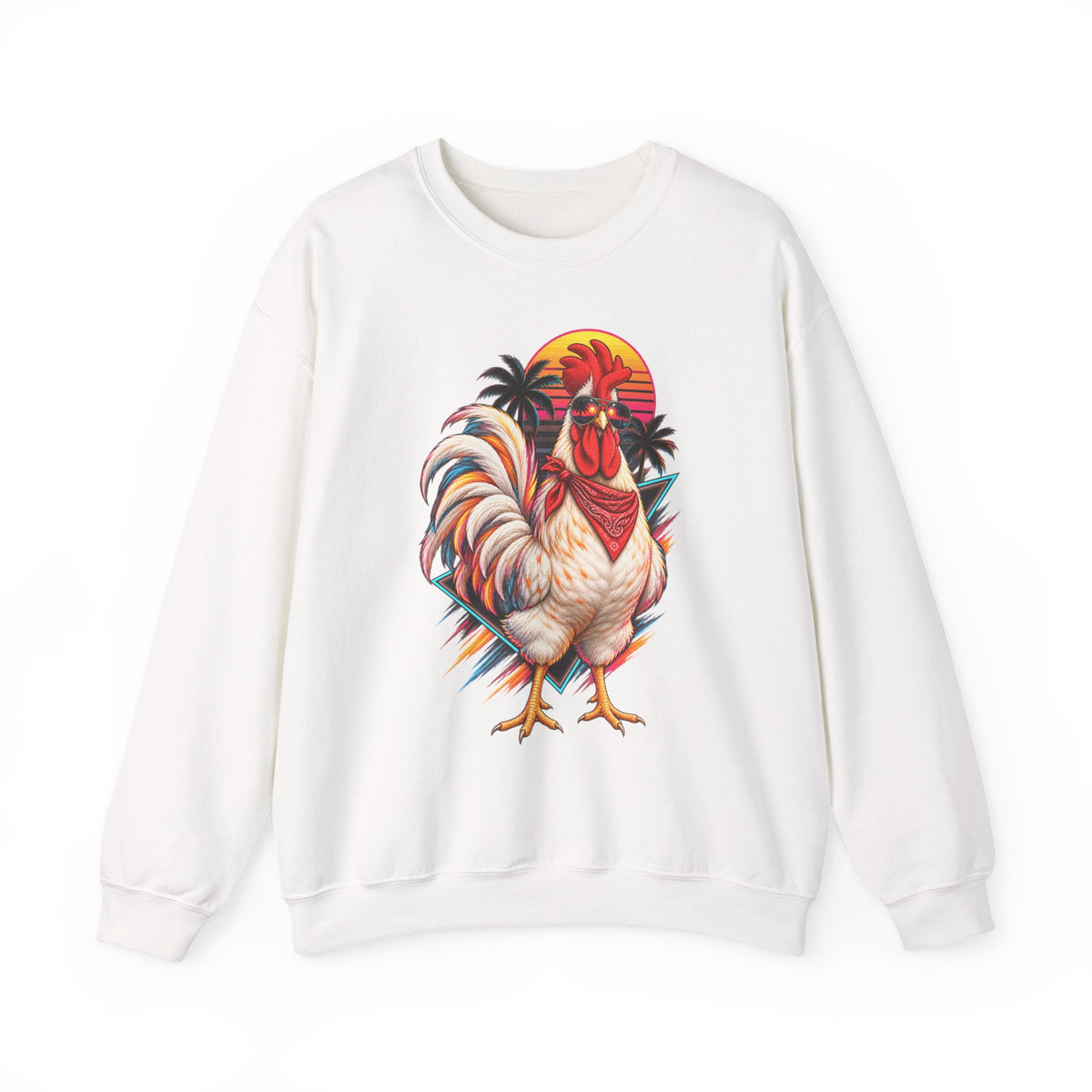 Rooster Sunset Crewneck Sweatshirt — Tropical Farm Rooster Graphic