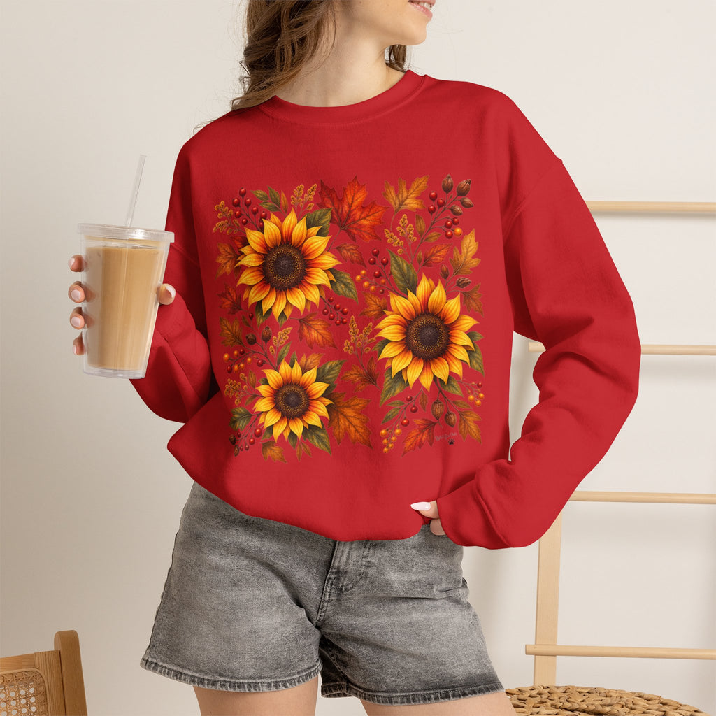 Sunflower Fall Sweatshirt - Autumn Leaves Crewneck for Women & Men