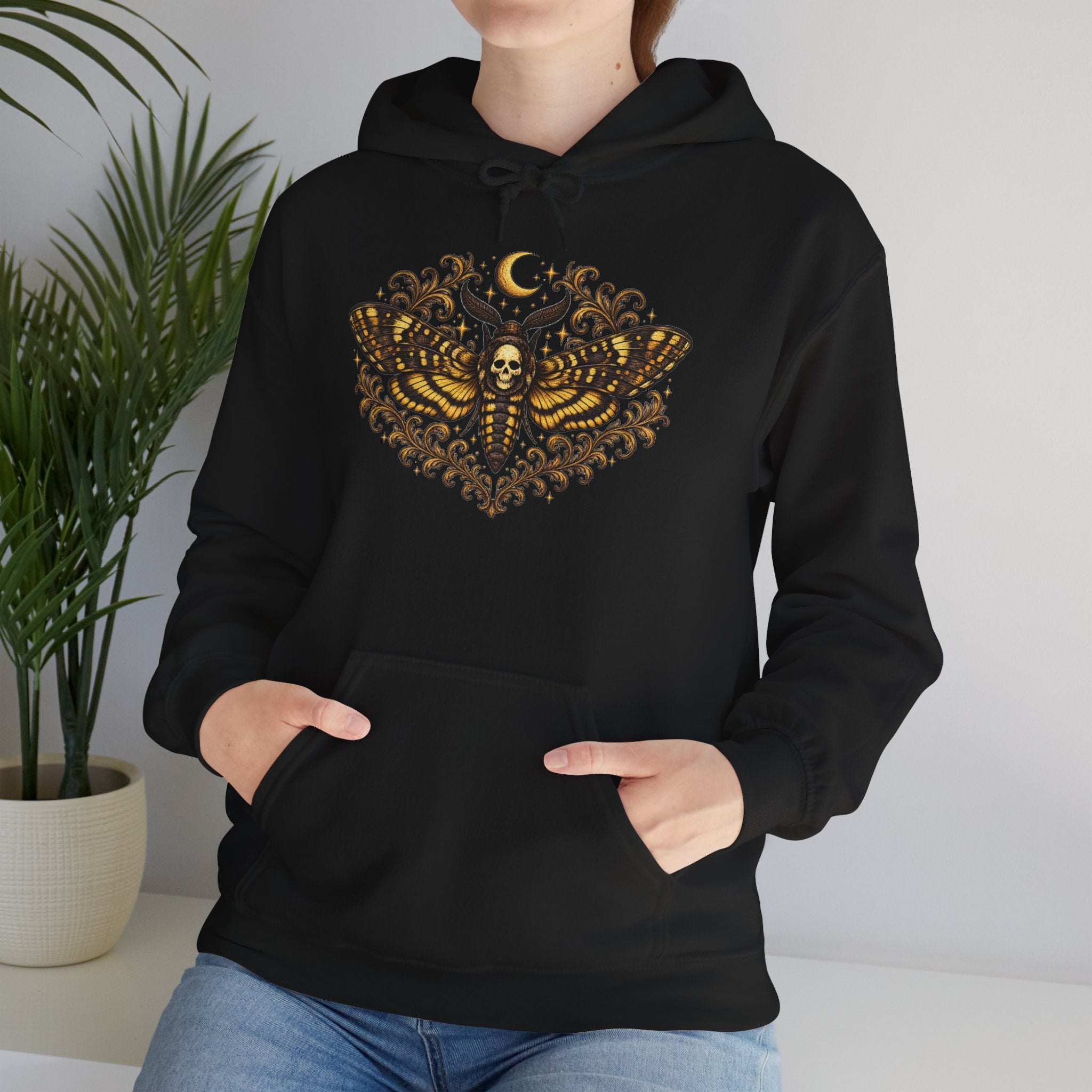 Mystic Death Moth Skull Hoodie – Crescent Moon Gothic Graphic Sweatshirt