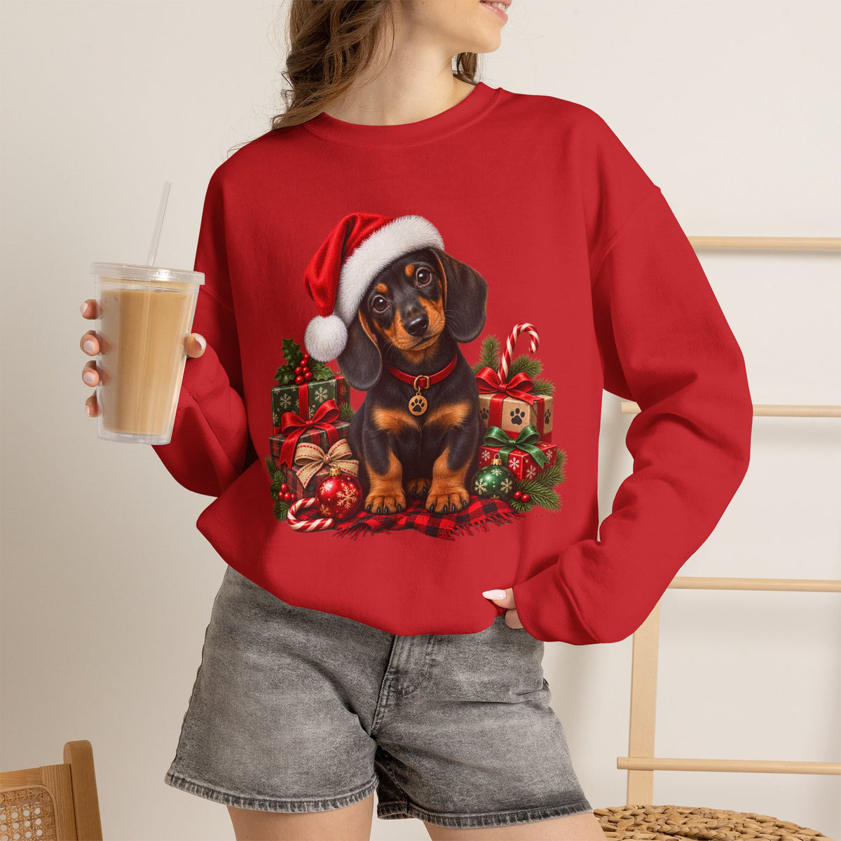 Christmas Dachshund Sweatshirt — Cute Puppy in Santa Hat Holiday Crewneck
