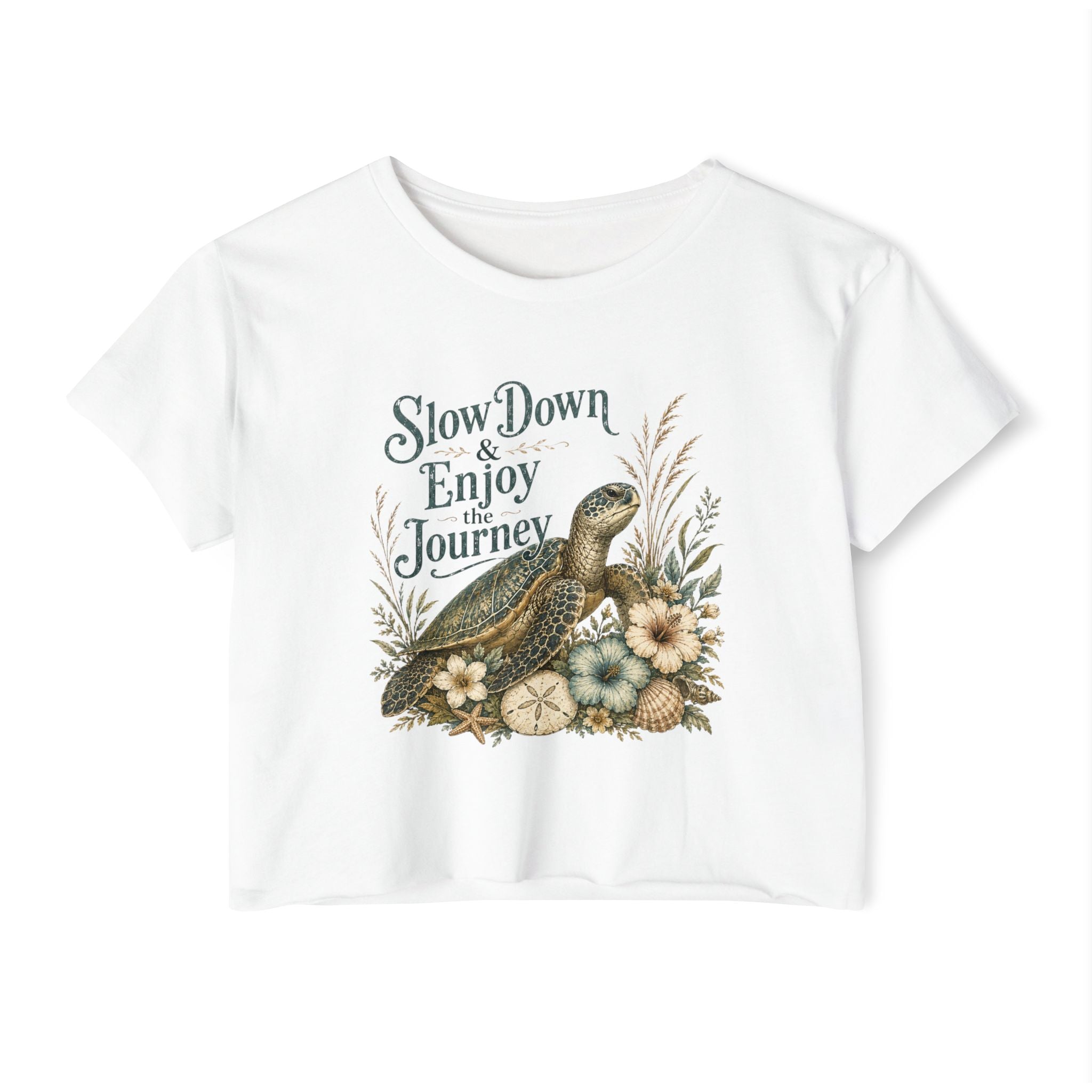 Women’s beach vibe Crop Top — “Slow Down & Enjoy the Journey” Sea Turtle Floral Festival Tee