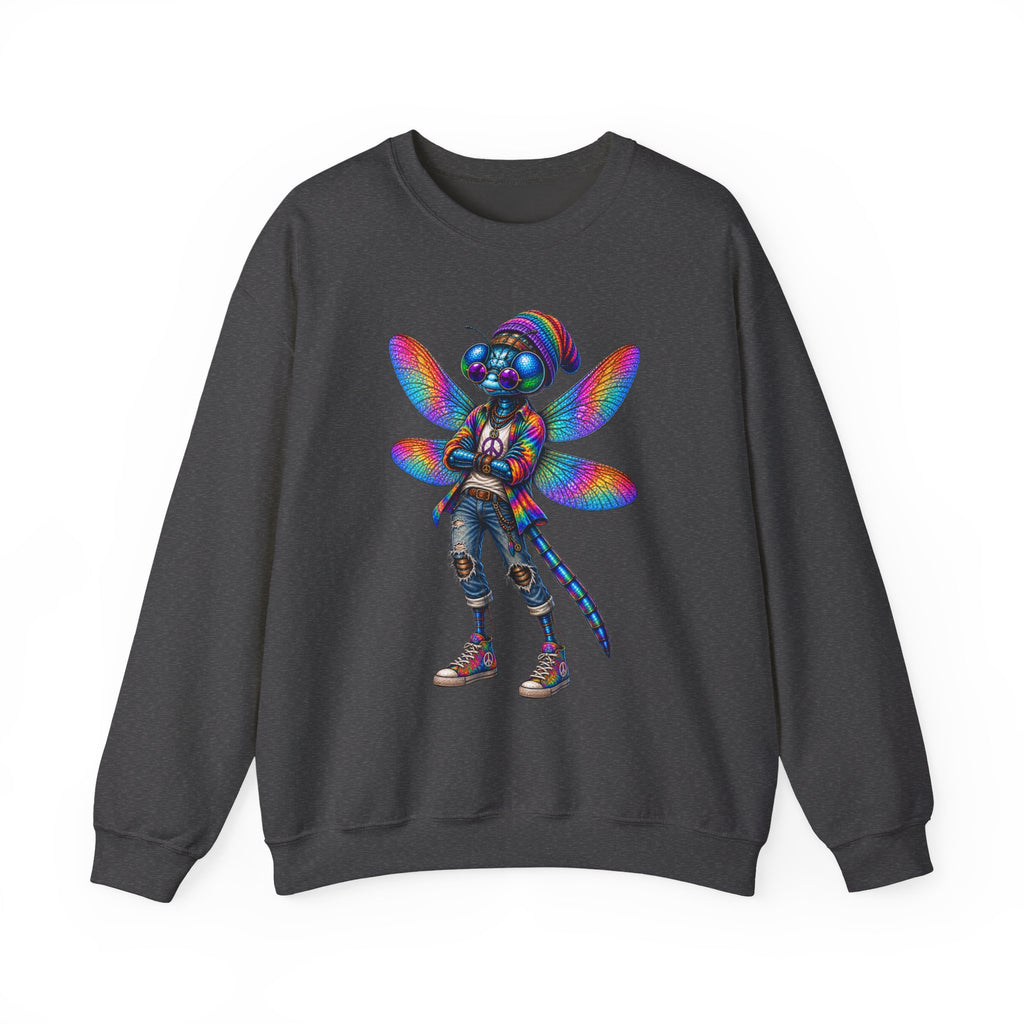 Neon Dragonfly Crewneck Sweatshirt — Rainbow Cyberpunk Kitty Graphic