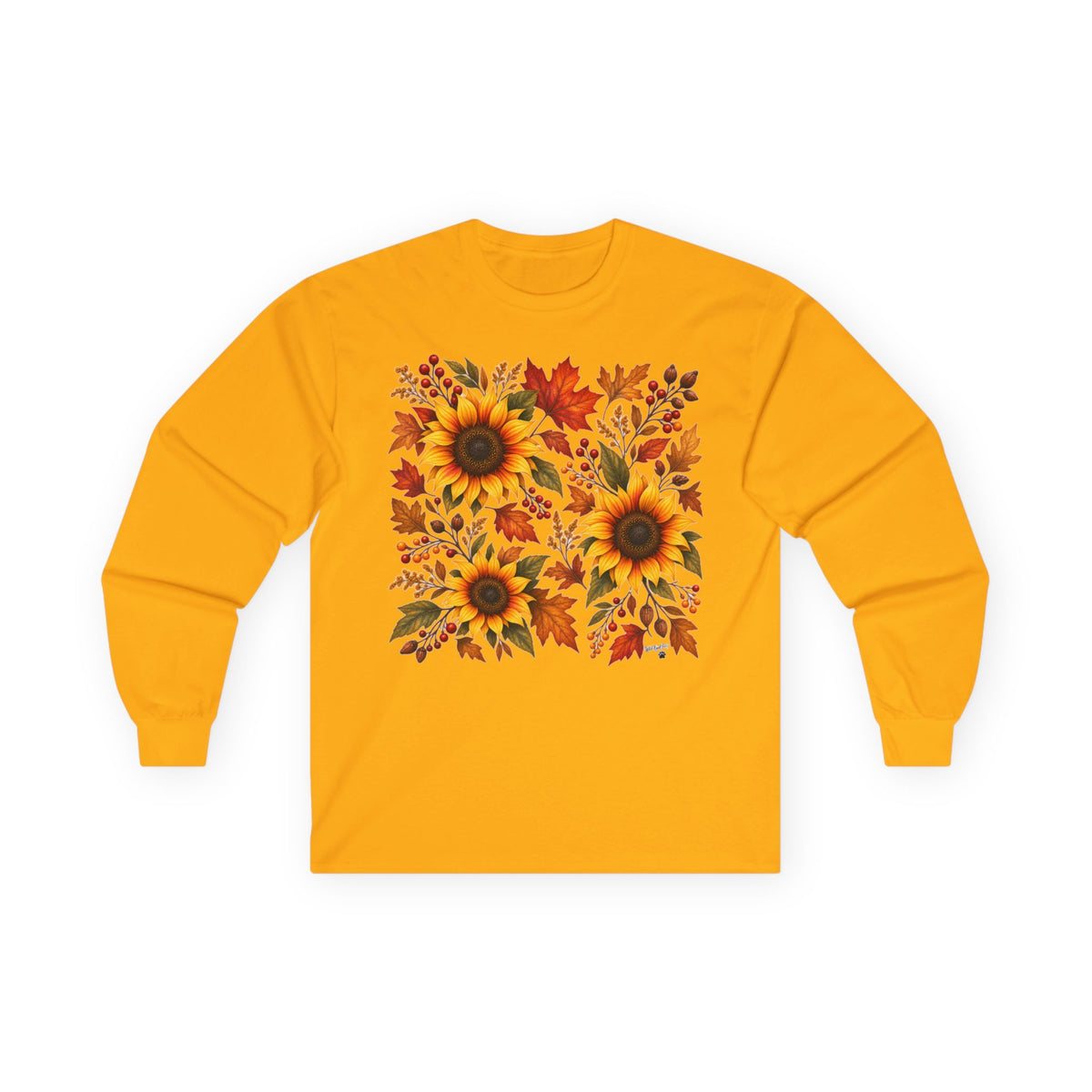 Sunflower & Autumn Leaves Long Sleeve Tee — Fall Floral Graphic Shirt