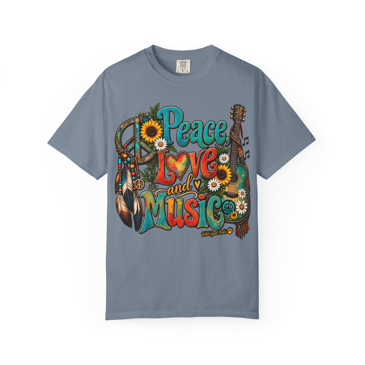 Peace, Love & Music Graphic T-Shirt — Retro Hippie Guitar Sunflower Tee