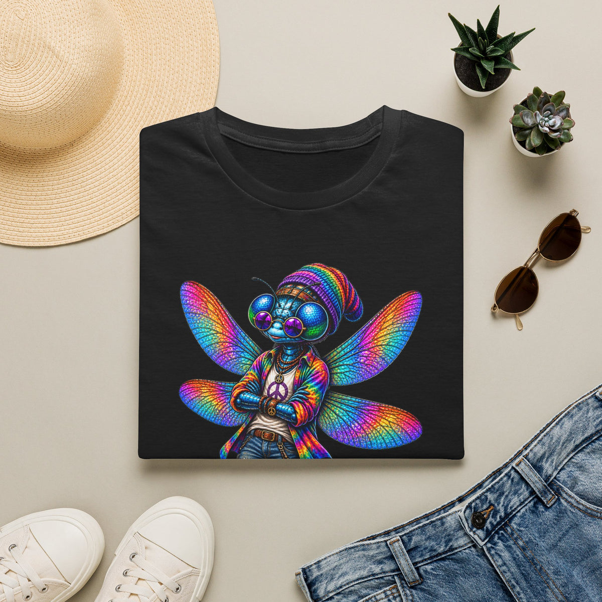 Psychedelic Dragonfly Graphic T-Shirt — Colorful Rasta-Inspired Bug Art Tee