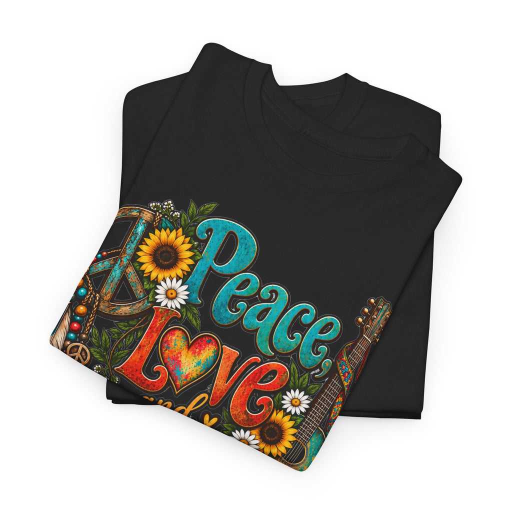 Peace Love Music T-Shirt — Retro Hippie Sunflower Graphic Tee