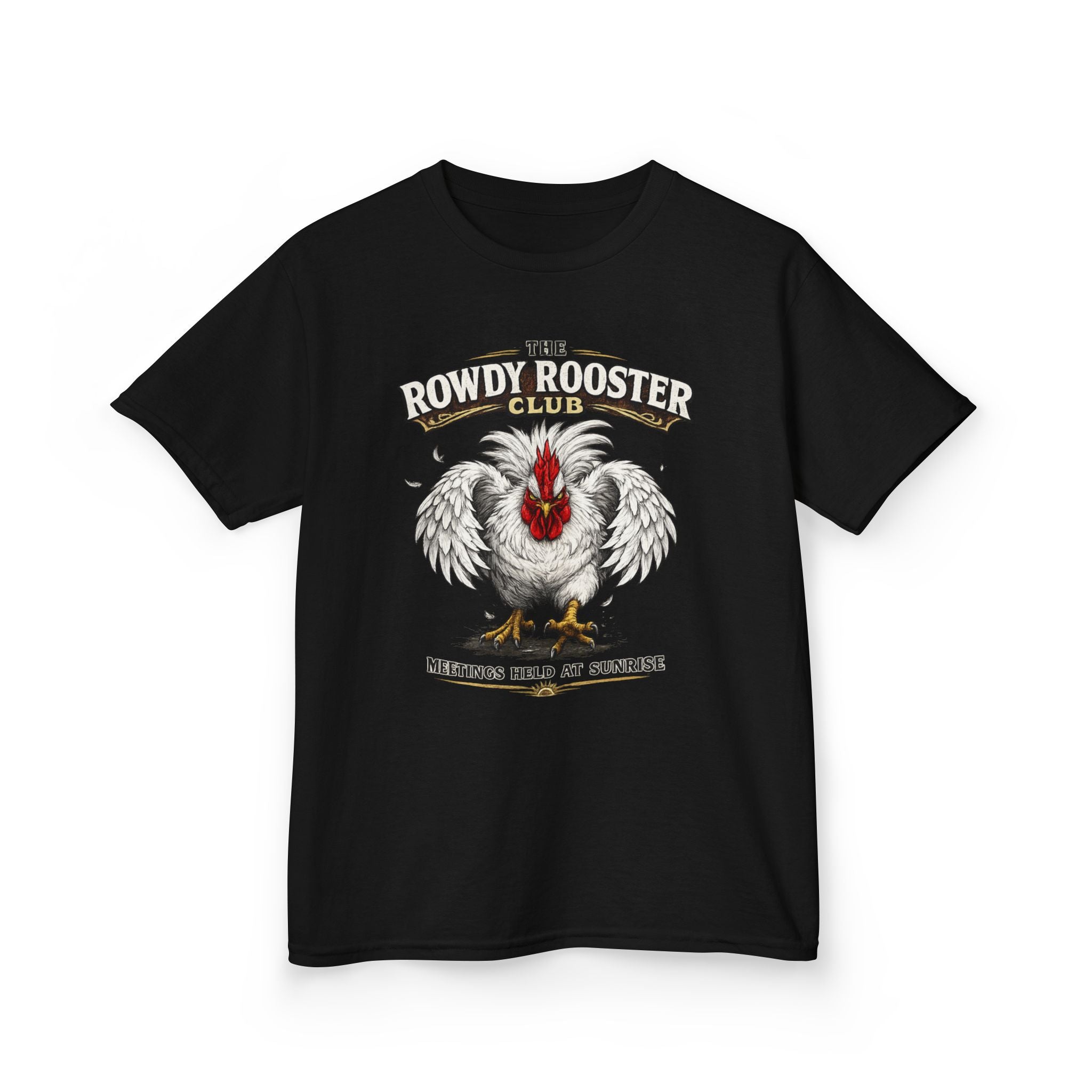 Kids Tee — "The Rowdy Rooster Club: Meetings Held at Sunrise" Graphic Shirt