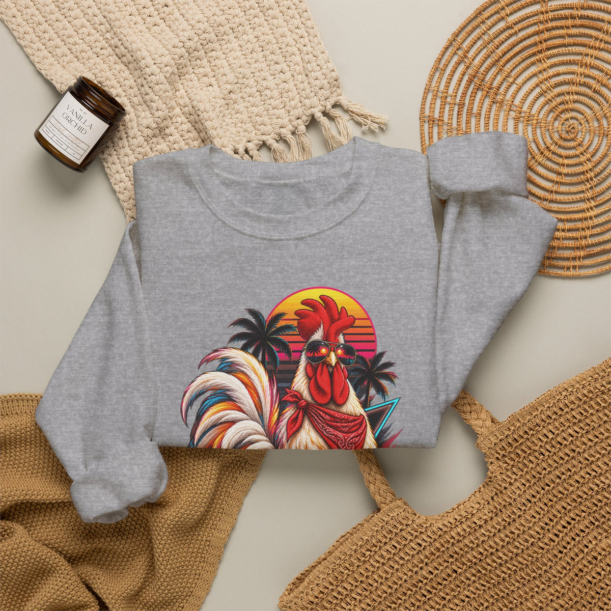 Rooster Sunset Crewneck Sweatshirt — Tropical Farm Rooster Graphic