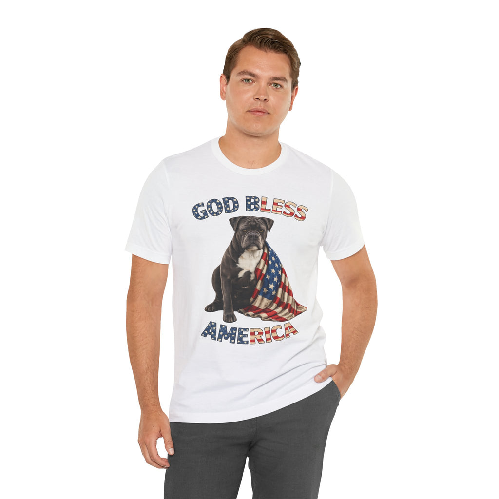 Patriotic Bulldog Tee – "God Bless America" USA Flag Dog T-Shirt