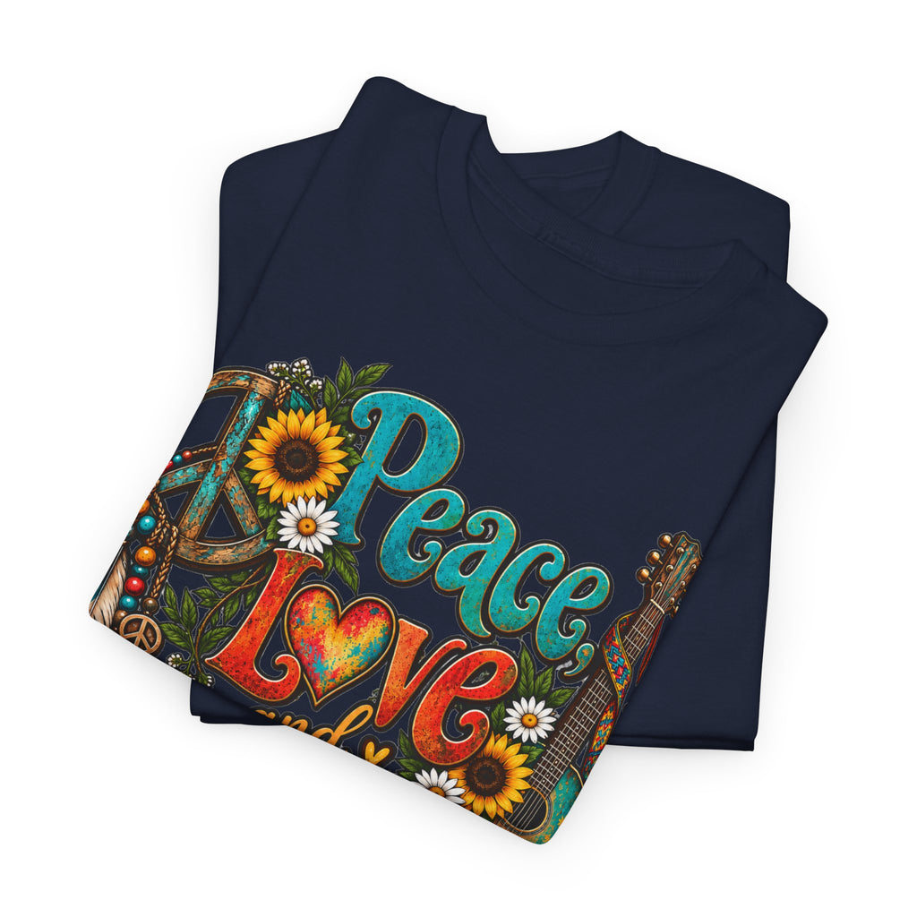 Peace Love Music T-Shirt — Retro Hippie Sunflower Graphic Tee