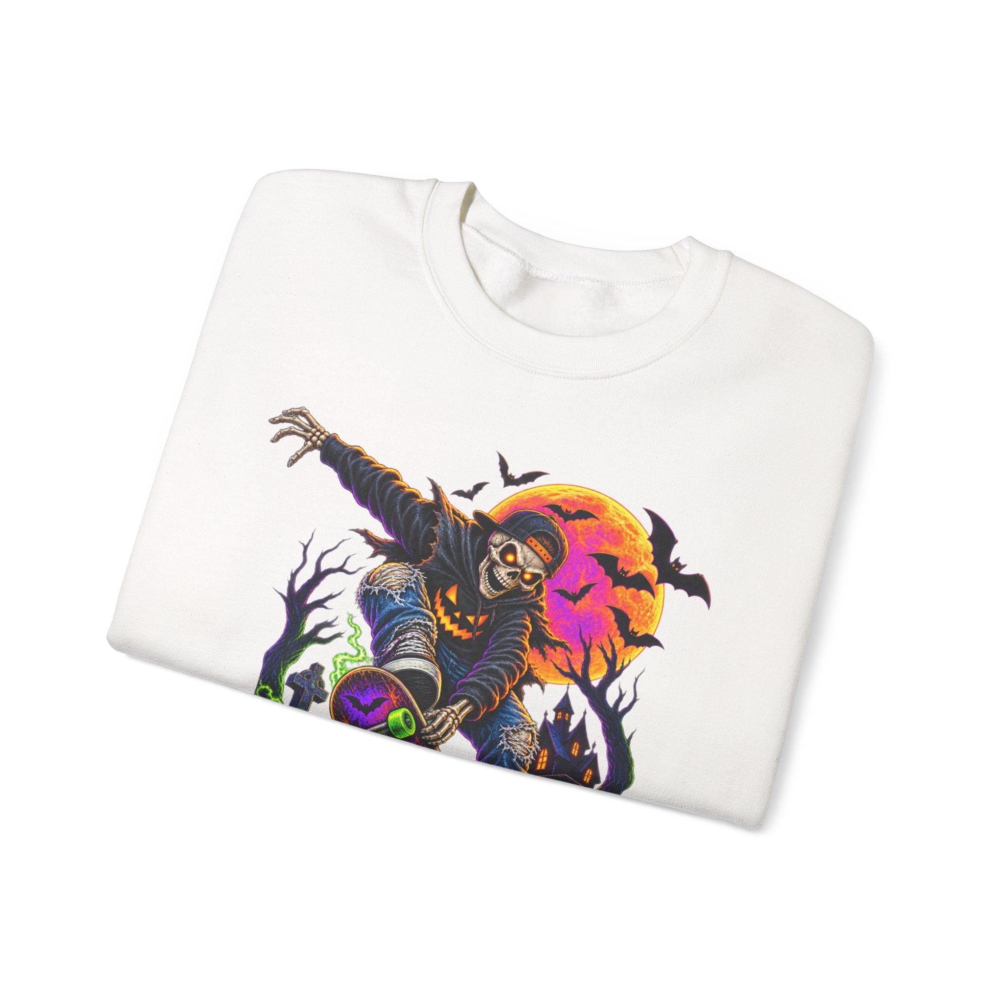 Halloween Skeleton Graveyard Sweatshirt — Spooky Pumpkin & Bats Crewneck