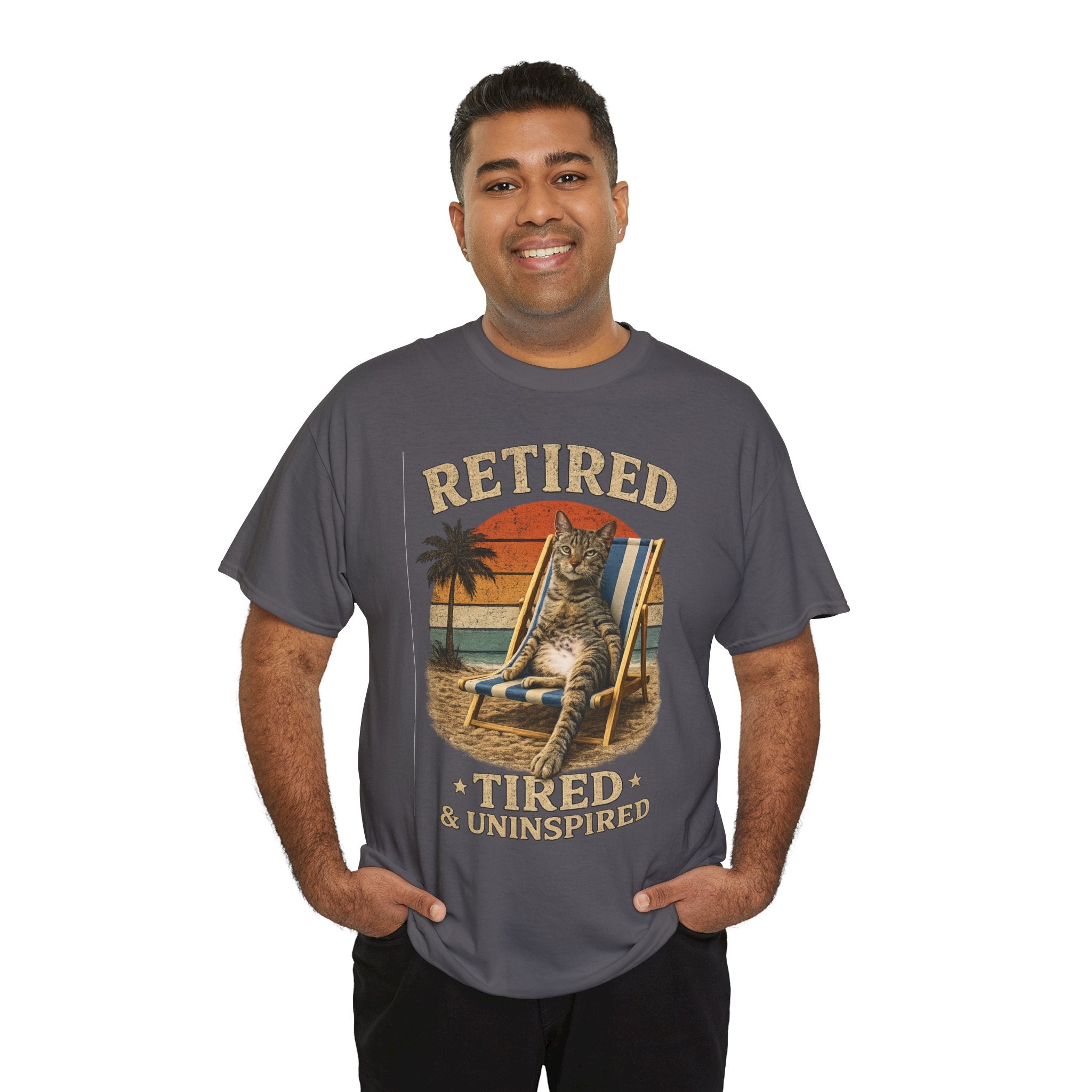 Retired, Tired & Uninspired Cat Tee — Funny Retirement Shirt