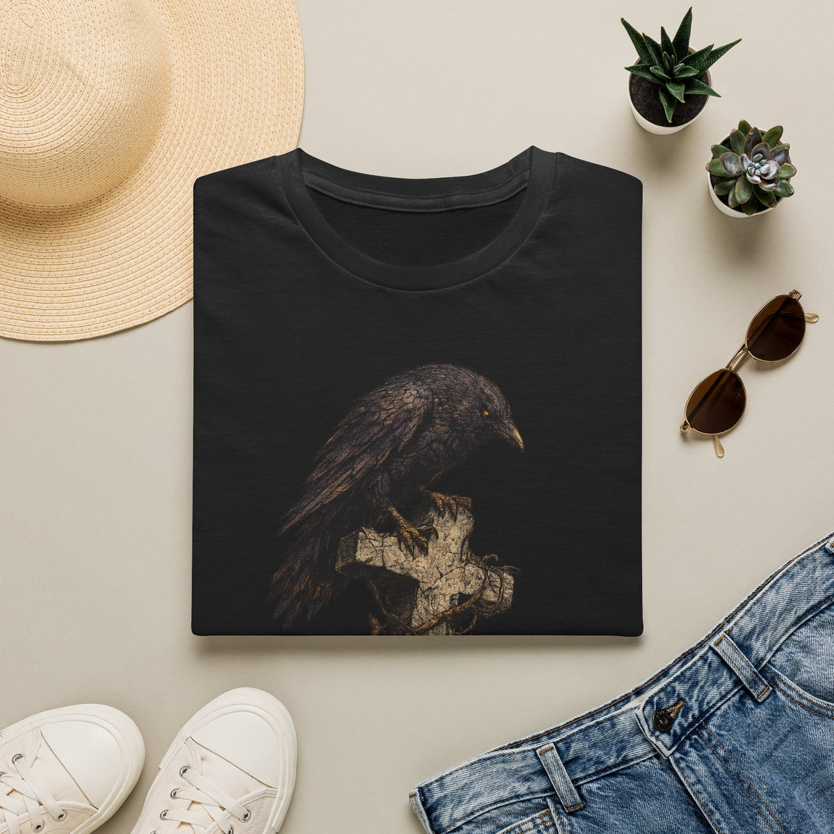 Raven on Graveyard T‑Shirt — Gothic Crow Cemetery Art Tee