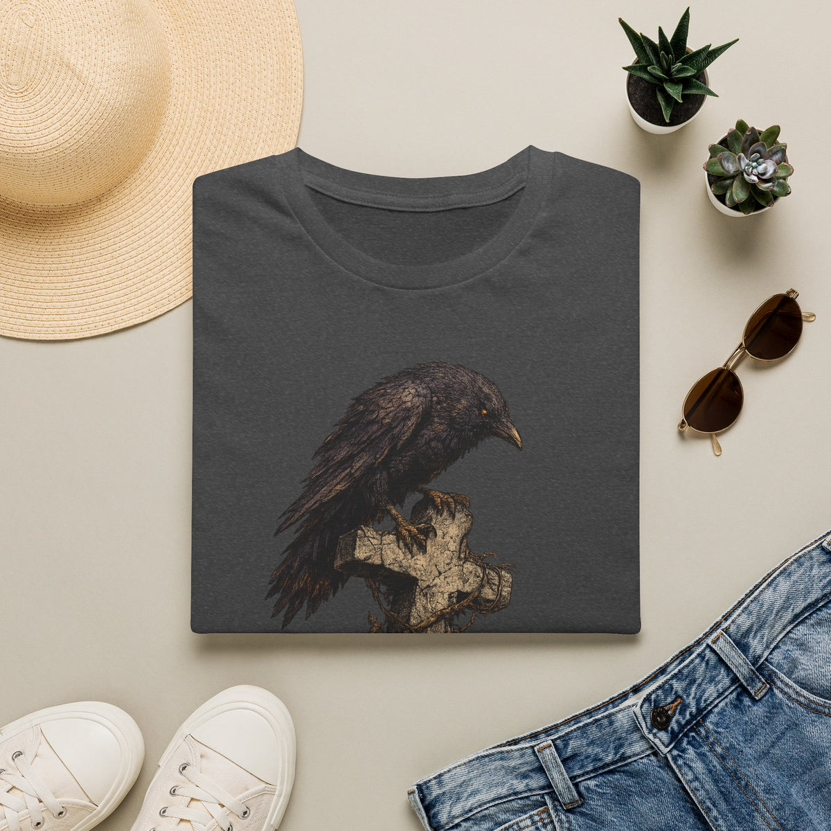 Raven on Graveyard T‑Shirt — Gothic Crow Cemetery Art Tee