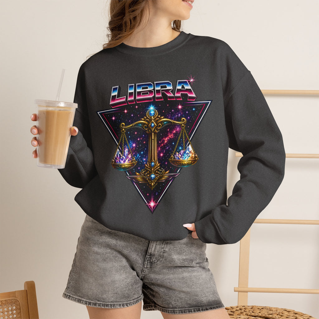 Libra Zodiac Crewneck Sweatshirt — Retro Cosmic Scales Astrology Graphic