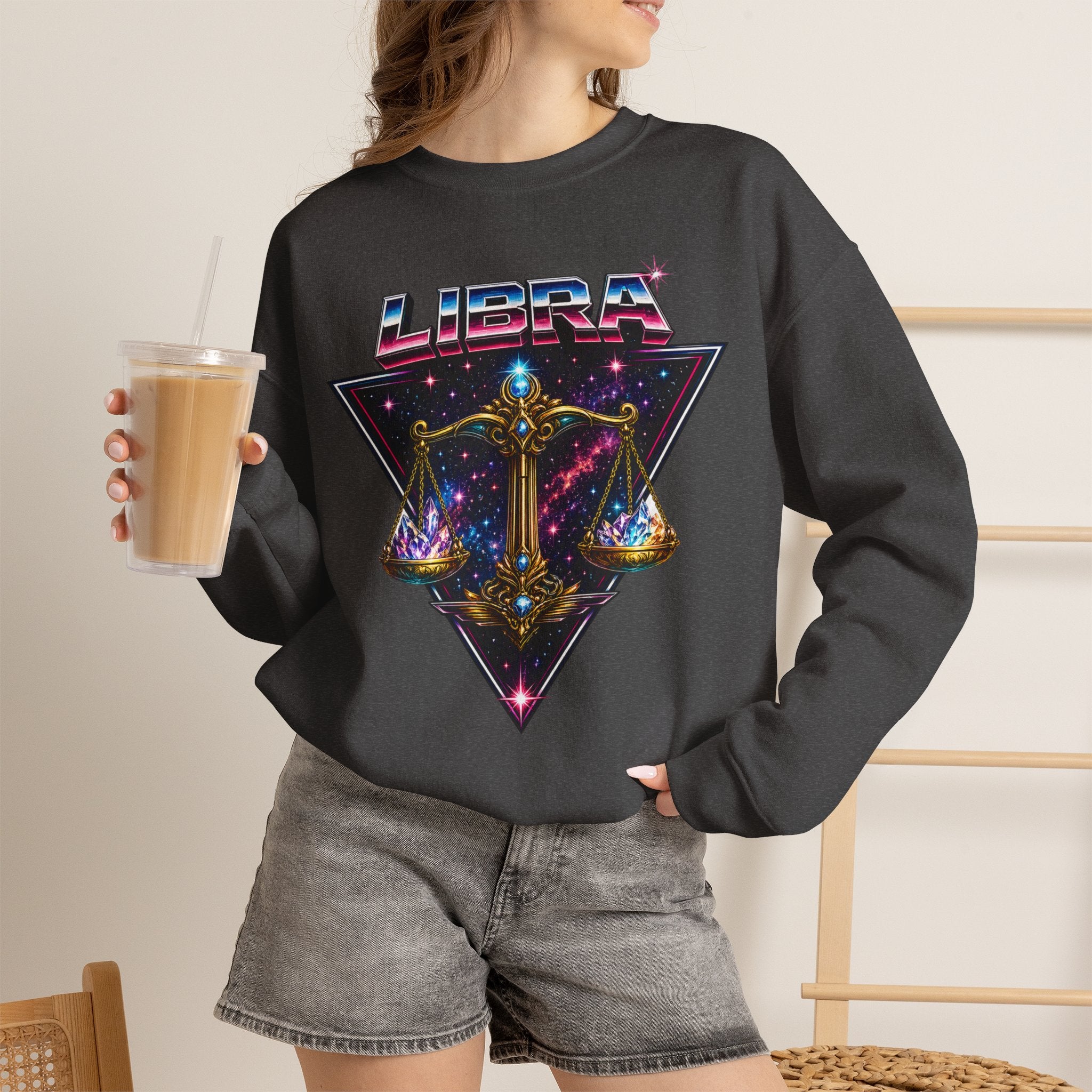 Libra Zodiac Crewneck Sweatshirt — Retro Cosmic Scales Astrology Graphic
