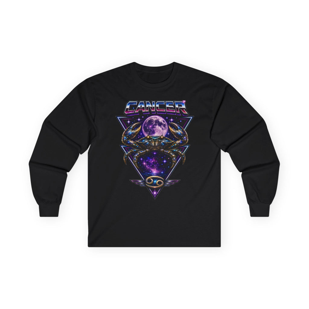 Cosmic Cancer Zodiac Crab Long Sleeve Tee — Retro Space Graphic "Cancer" Zodiac Shirt