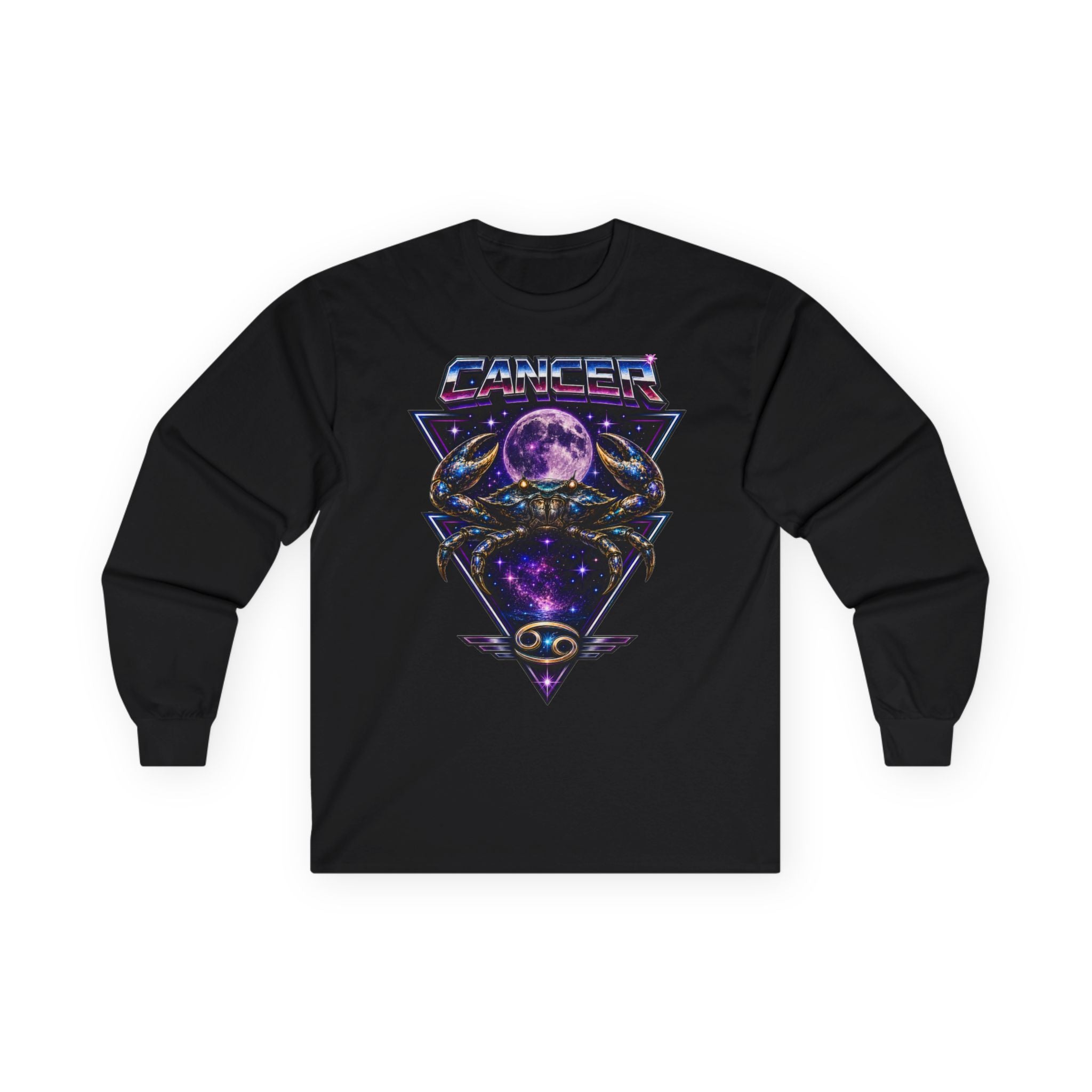 Cosmic Cancer Zodiac Crab Long Sleeve Tee — Retro Space Graphic "Cancer" Zodiac Shirt