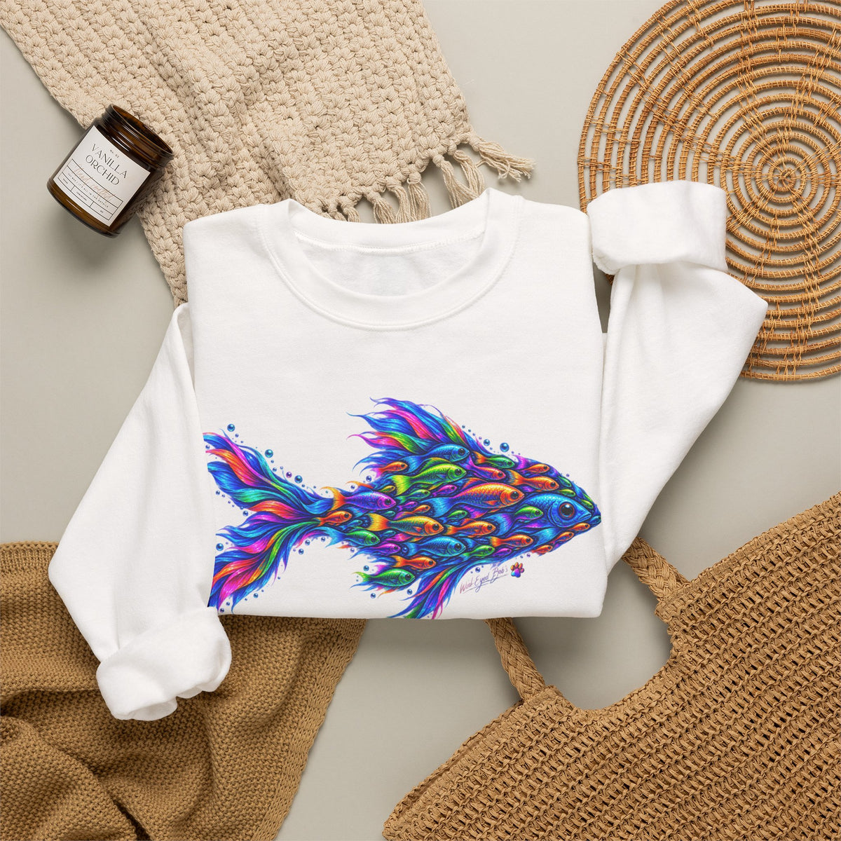 Colorful Fish Crewneck Sweatshirt — Vibrant Psychedelic Fish Graphic