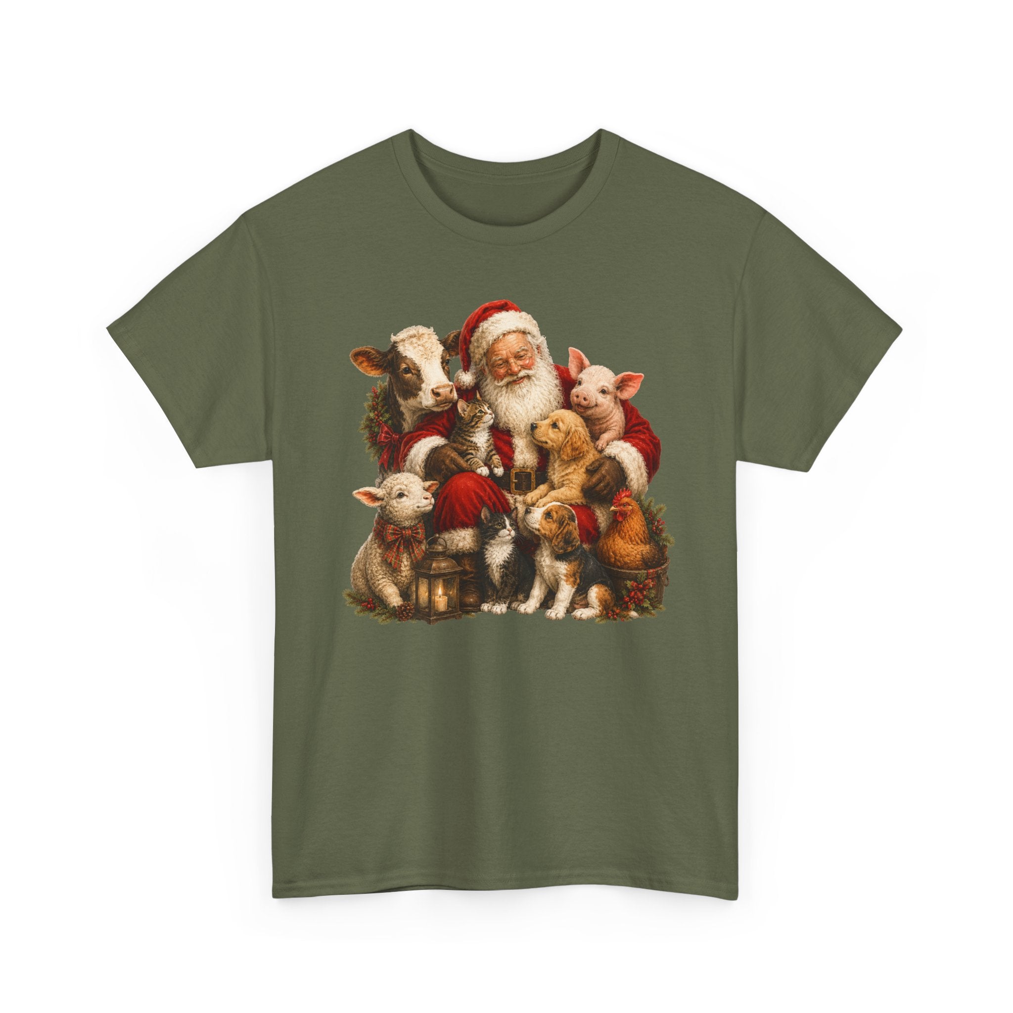 Santa with Farm Animals Christmas Tee — Vintage Holiday Animal Lover Shirt