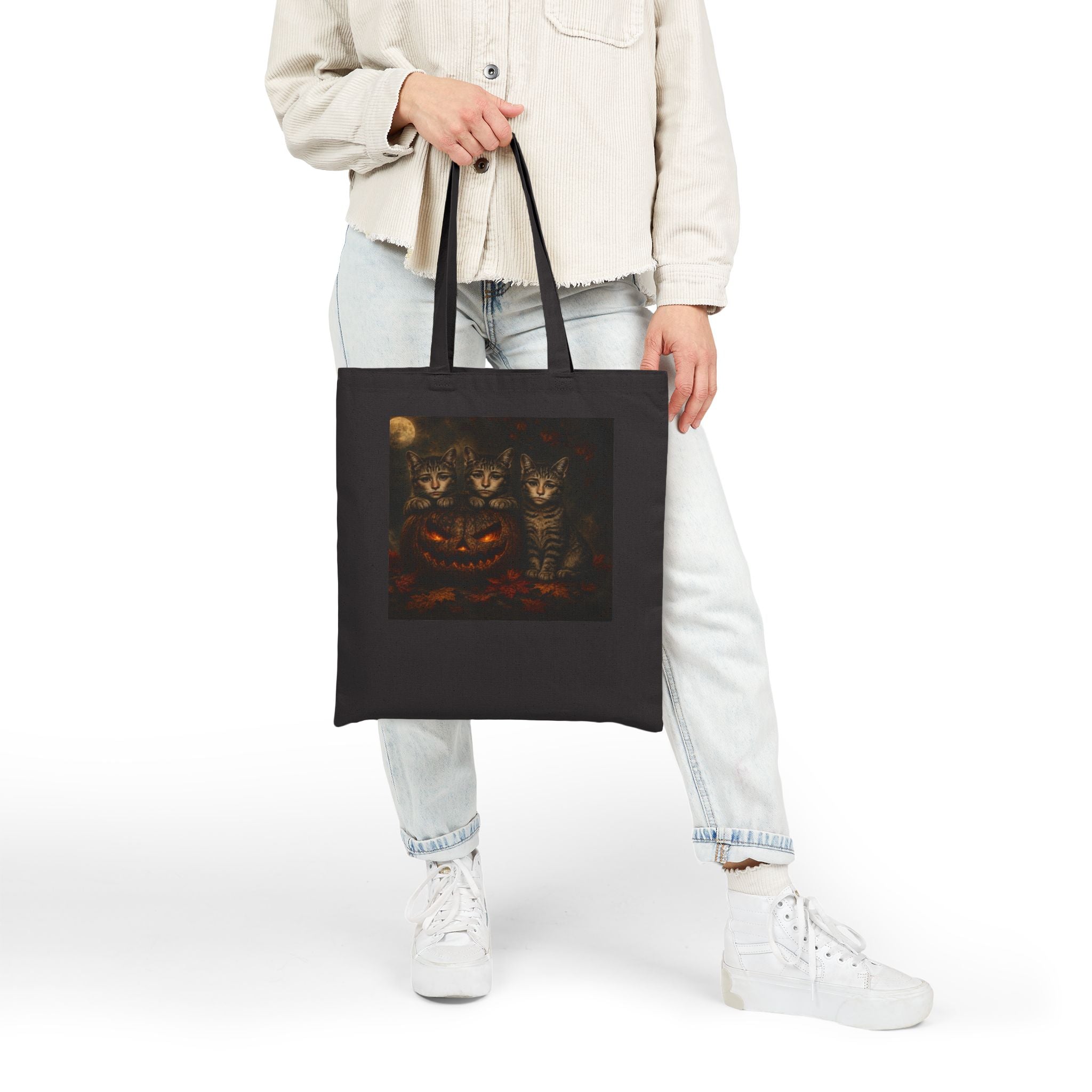 Halloween Cat Trio Canvas Tote Bag — Spooky Pumpkin & Kittens Reusable Shopper