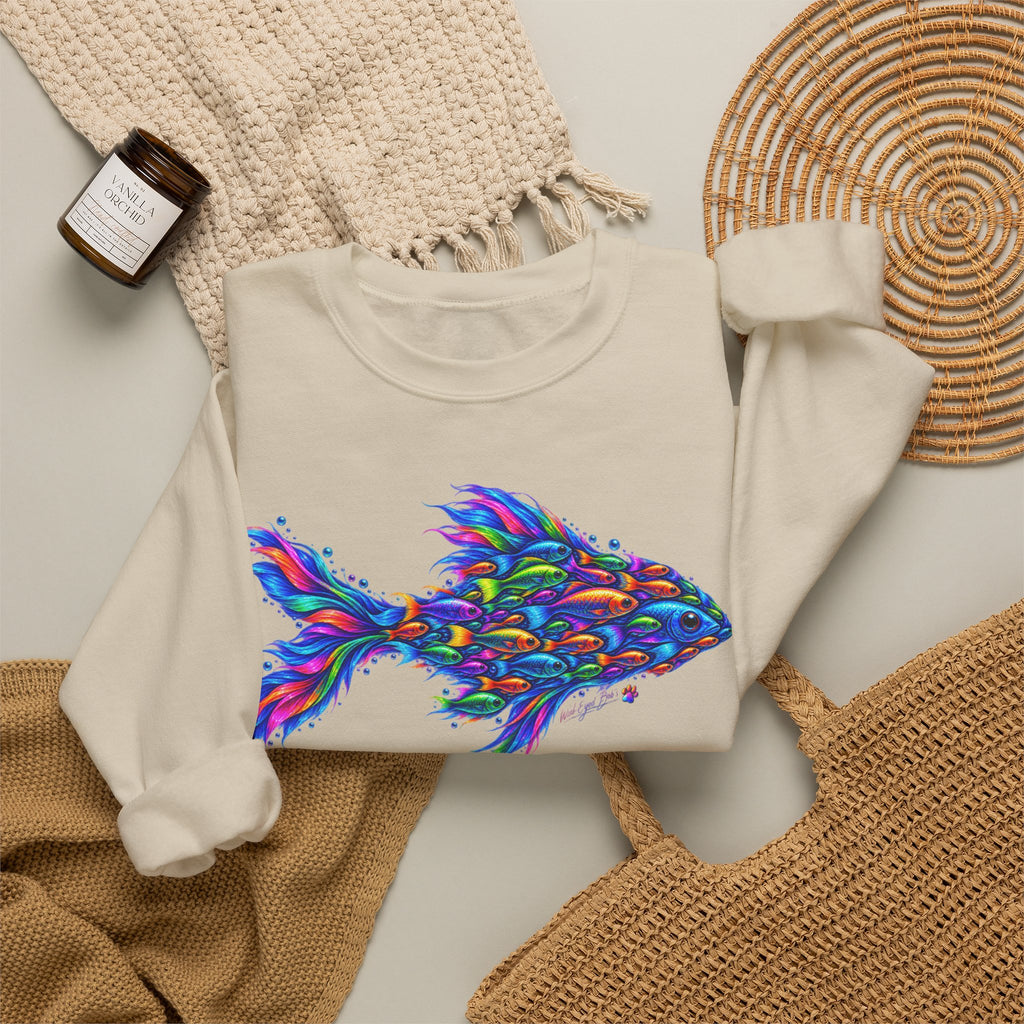 Colorful Fish Crewneck Sweatshirt — Vibrant Psychedelic Fish Graphic