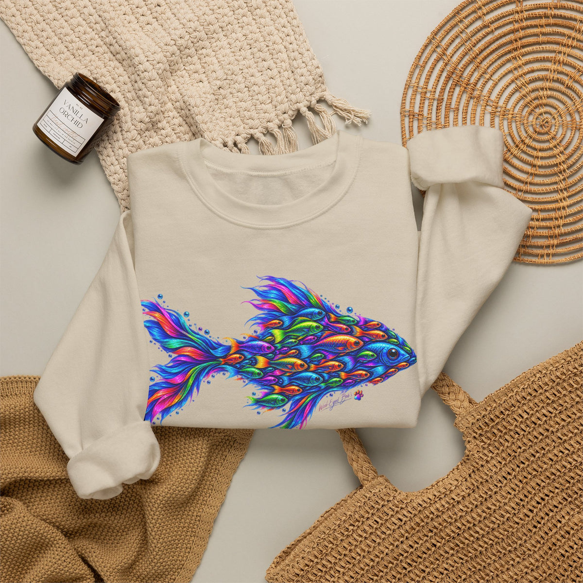 Colorful Fish Crewneck Sweatshirt — Vibrant Psychedelic Fish Graphic